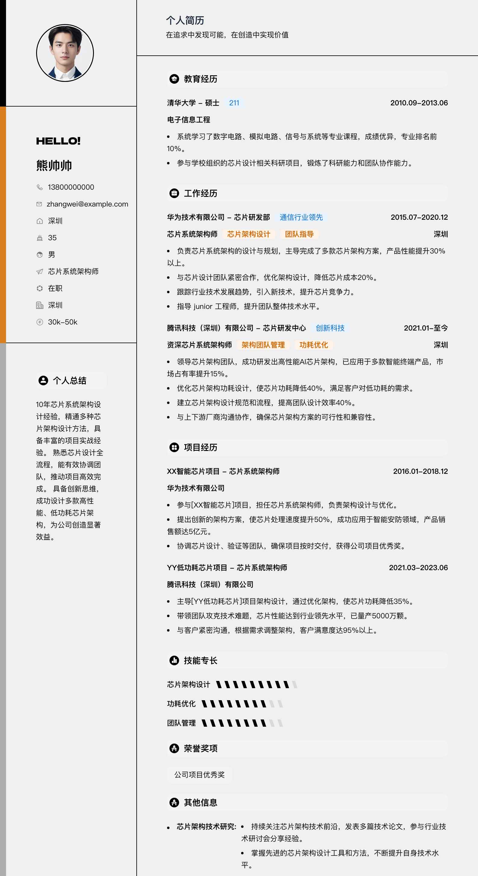 芯片系统架构师简历模板