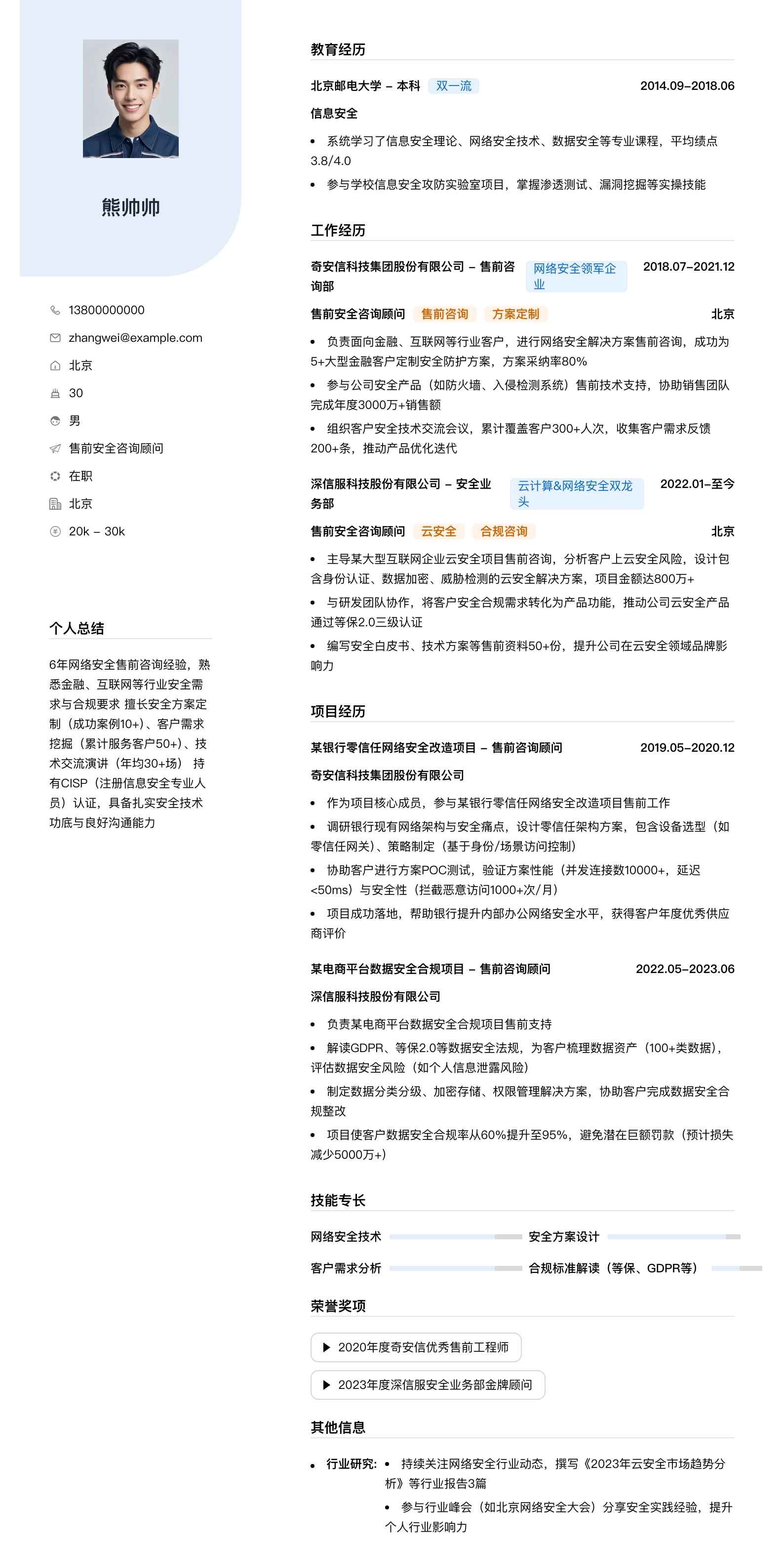 售前安全咨询顾问简历模板