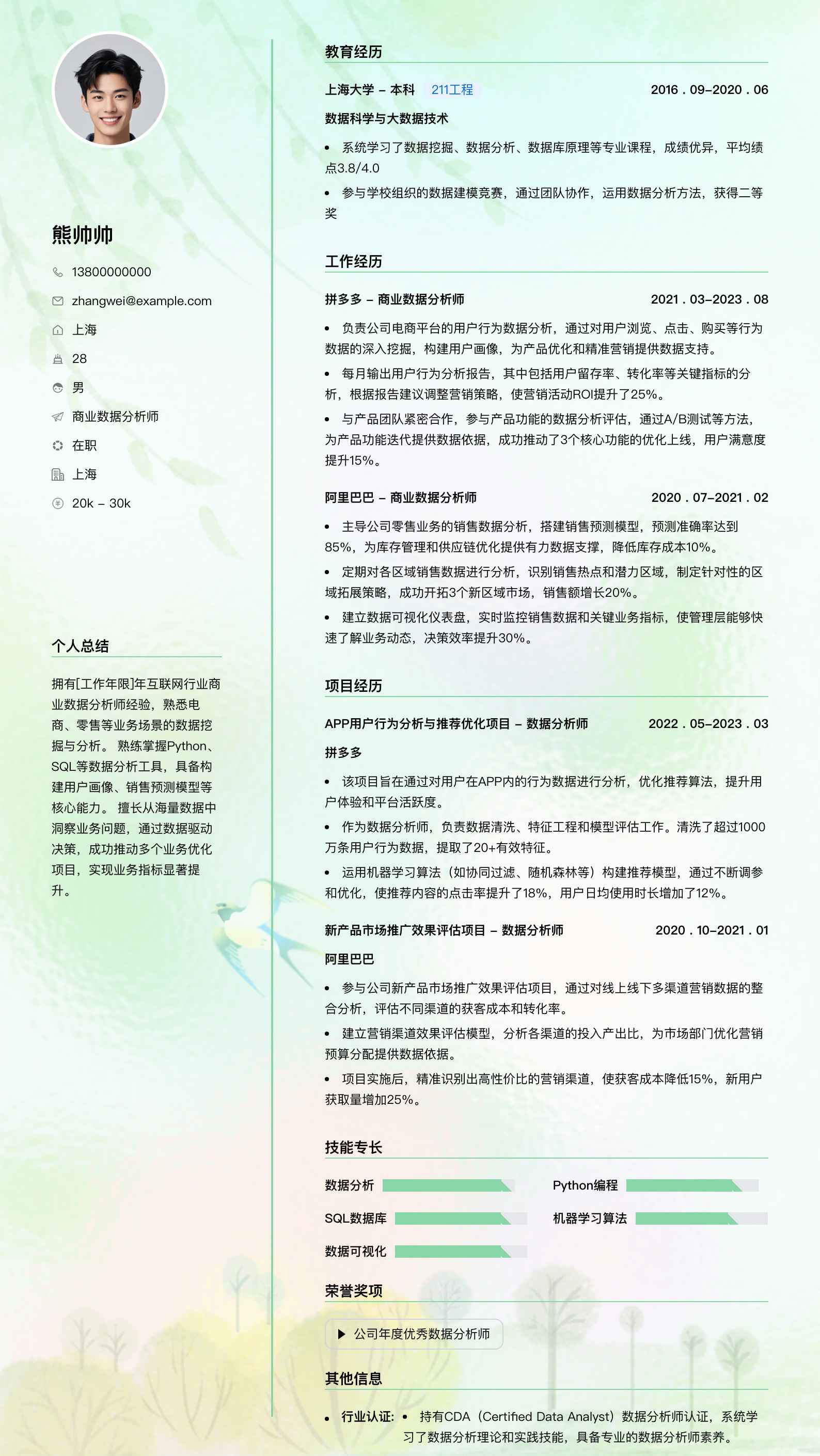 商业数据分析师简历模板