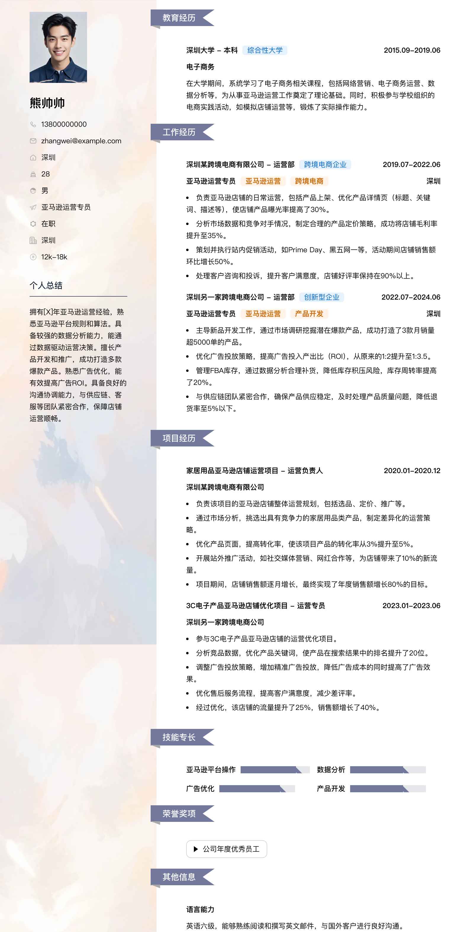 亚马逊运营专员简历模板