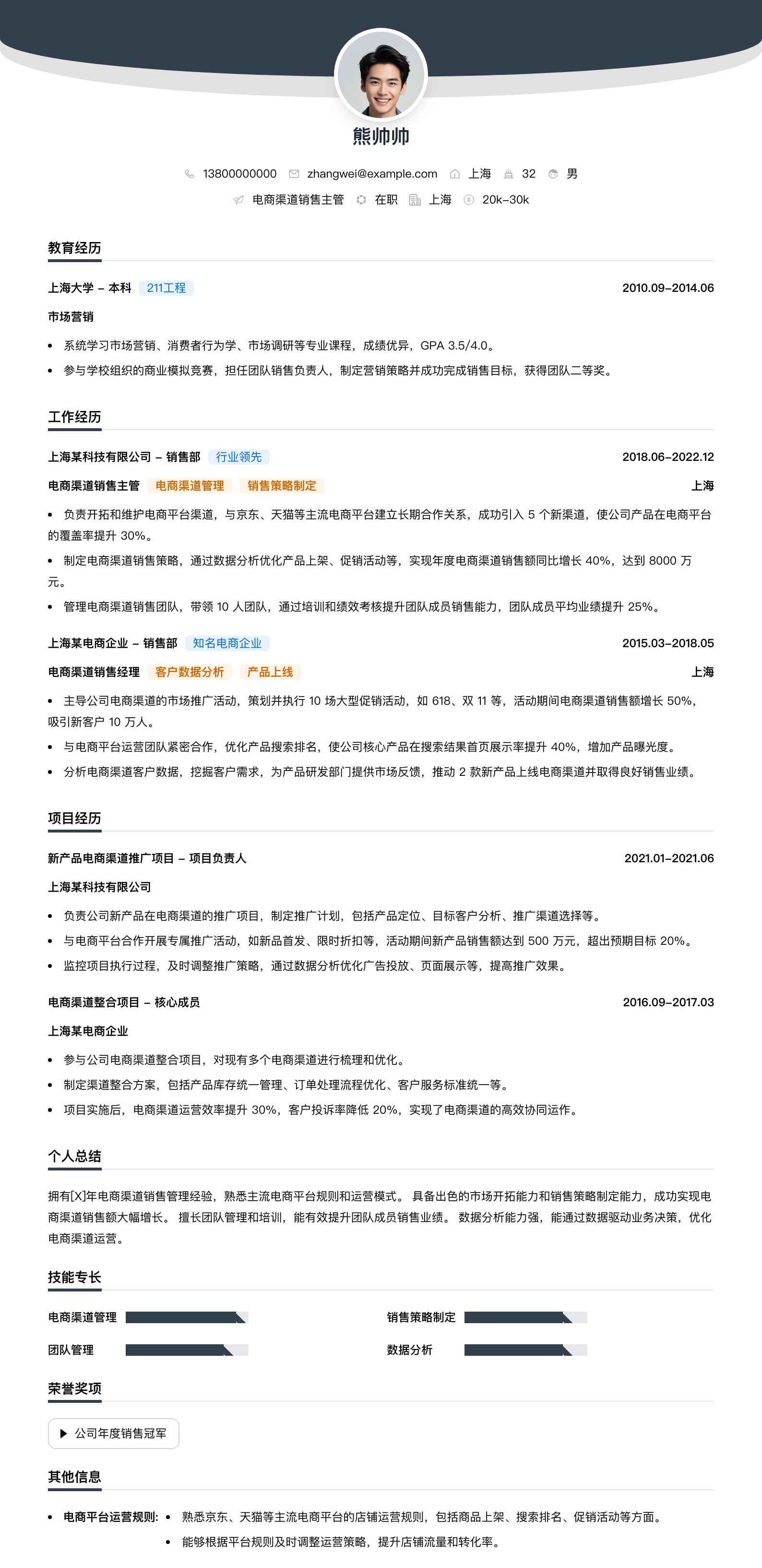 电商渠道销售主管简历模板