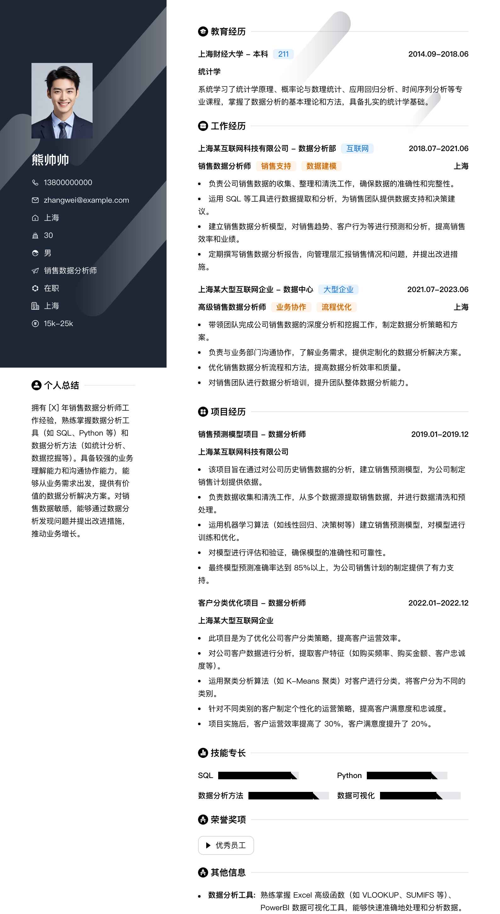 销售数据分析师简历模板
