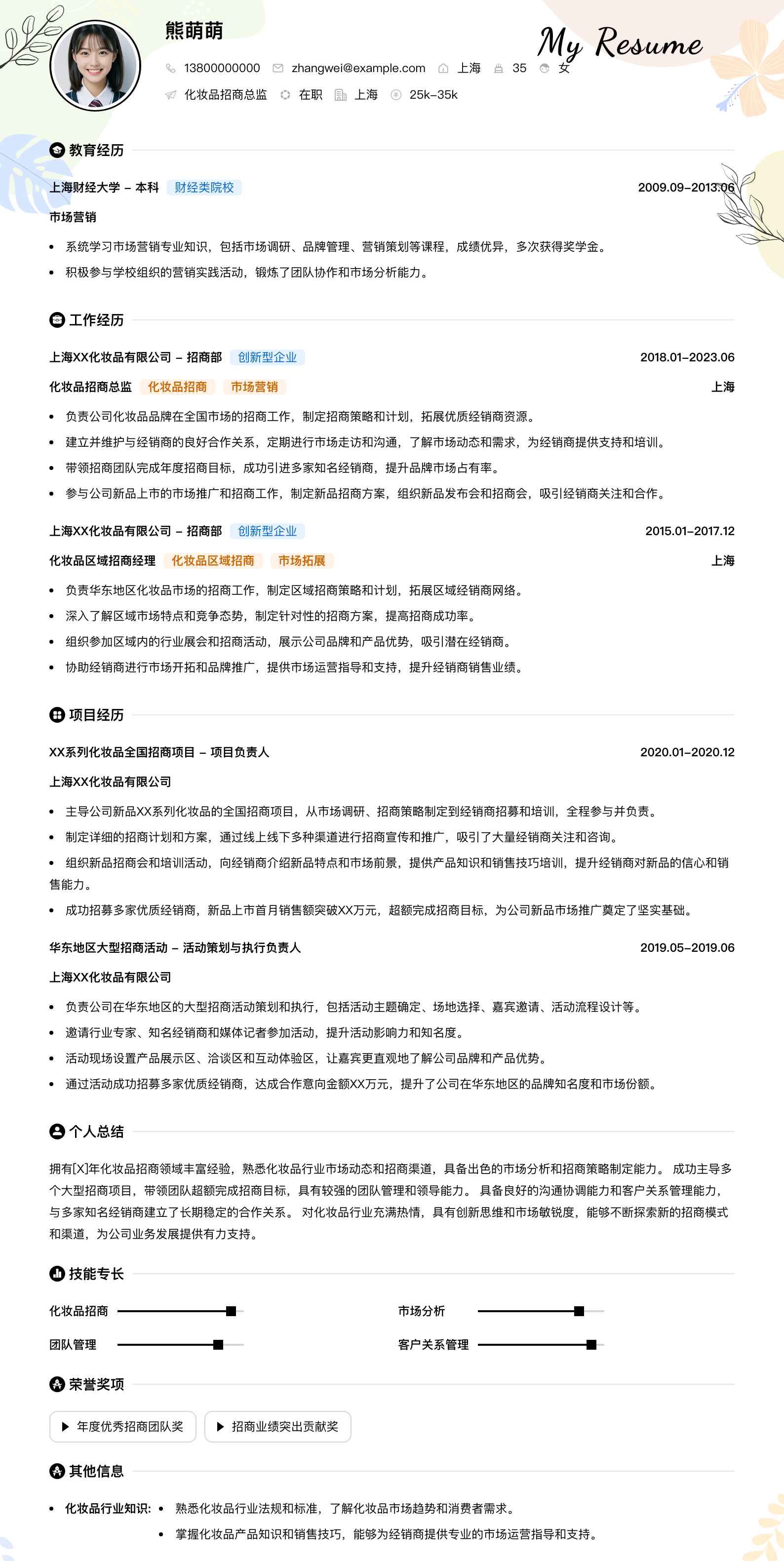化妆品招商总监简历模板
