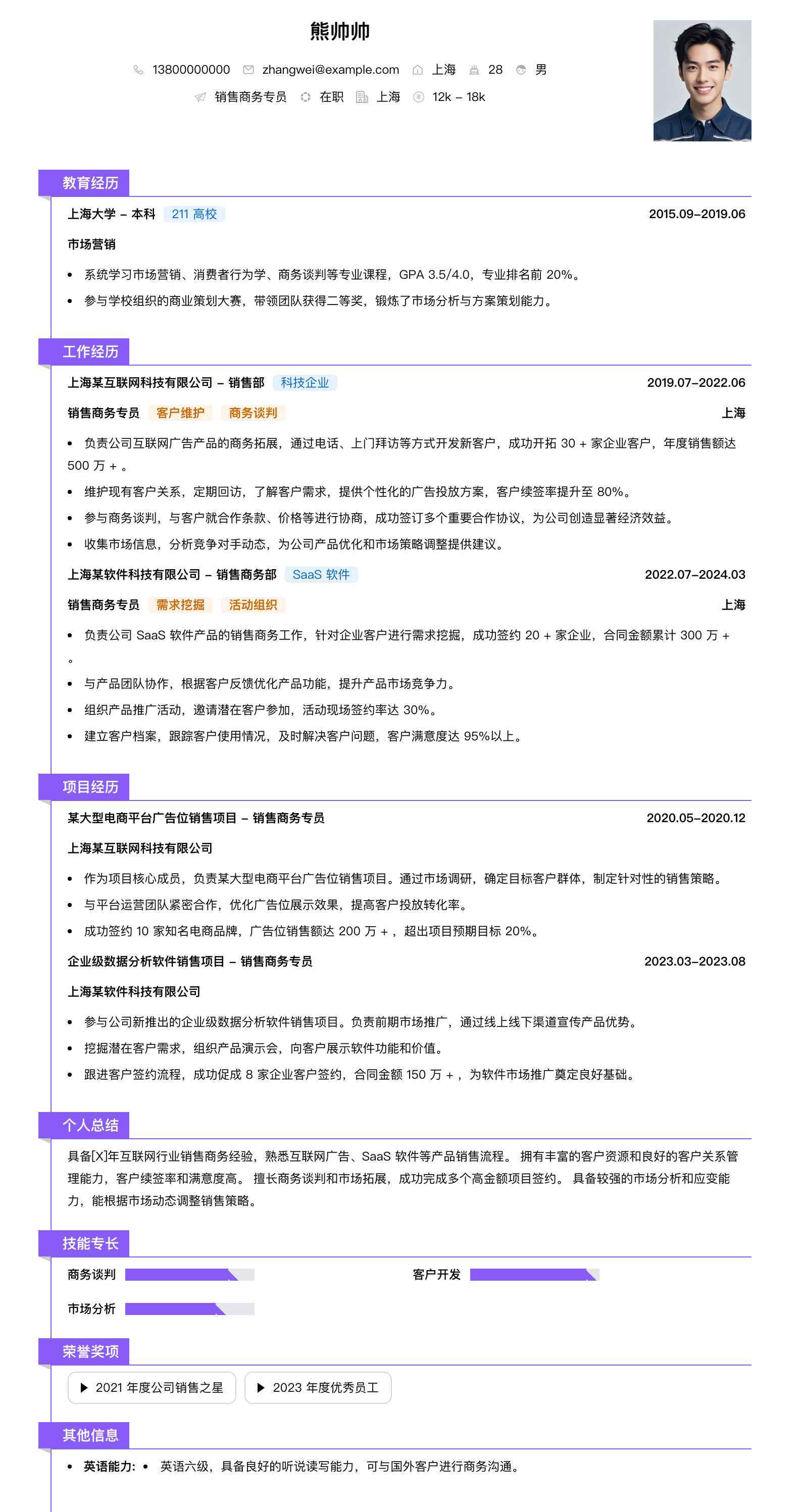 销售商务专员简历模板