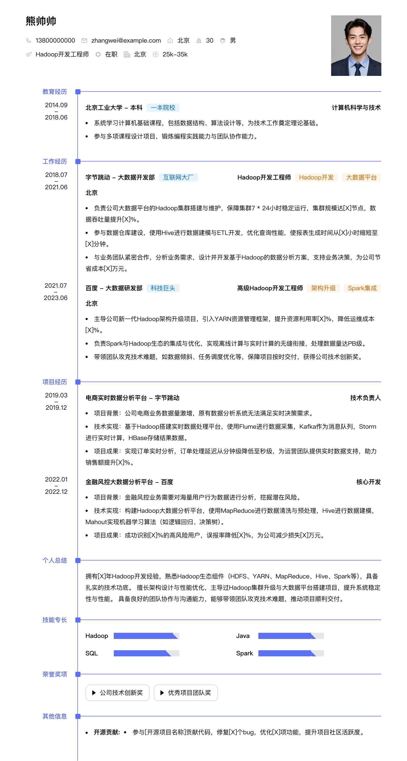 hadoop开发简历模板