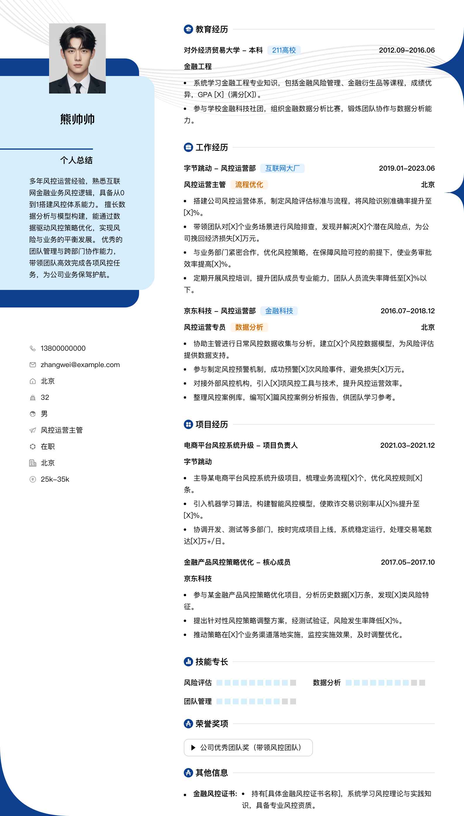 风控运营主管简历模板