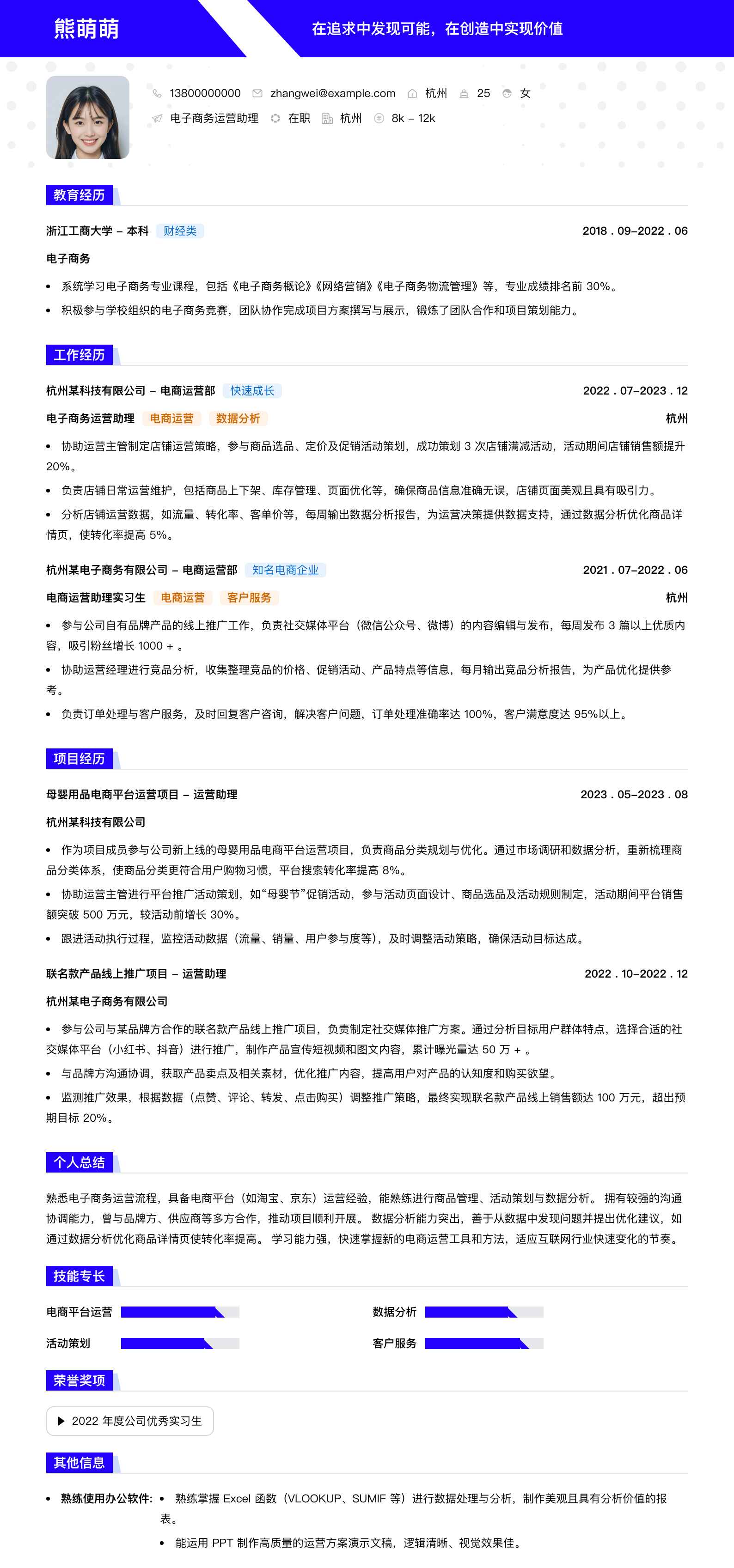 电子商务运营助理简历模板