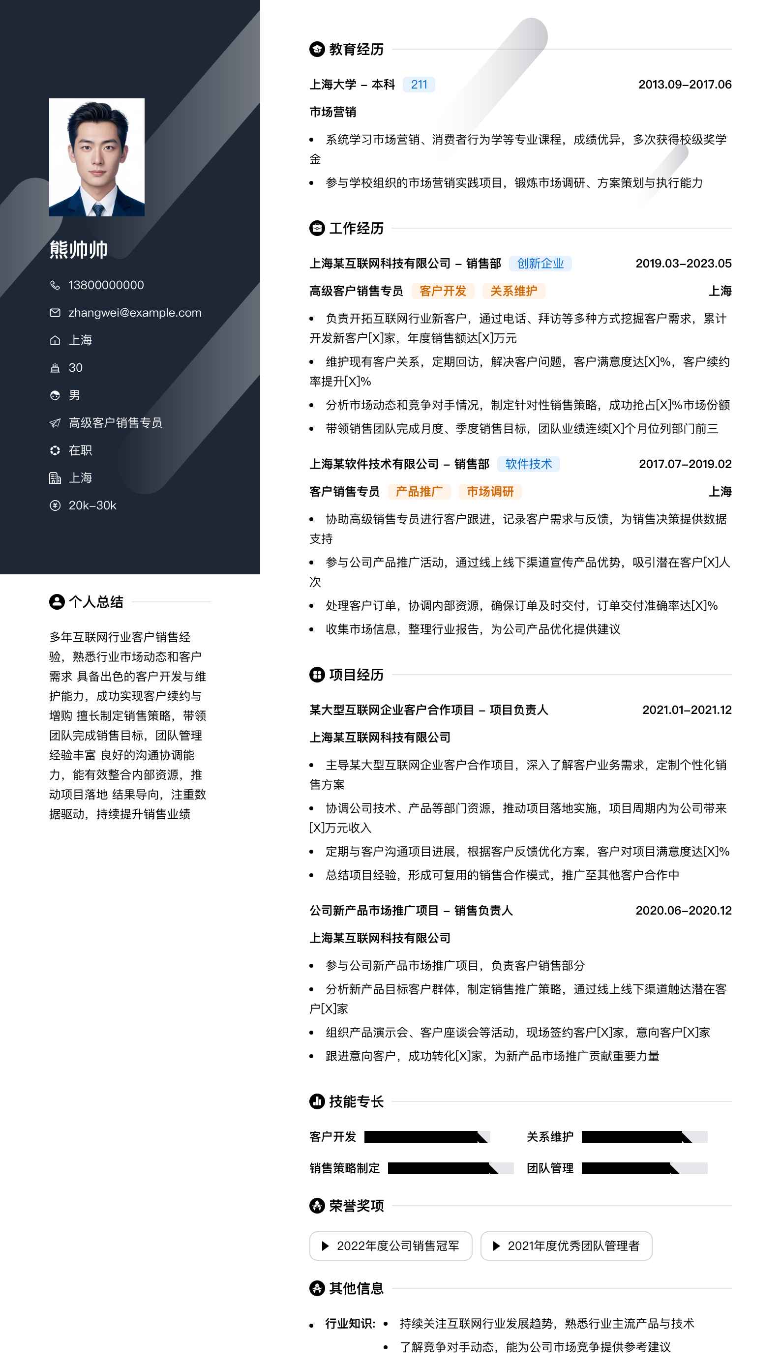 高级客户销售专员简历模板