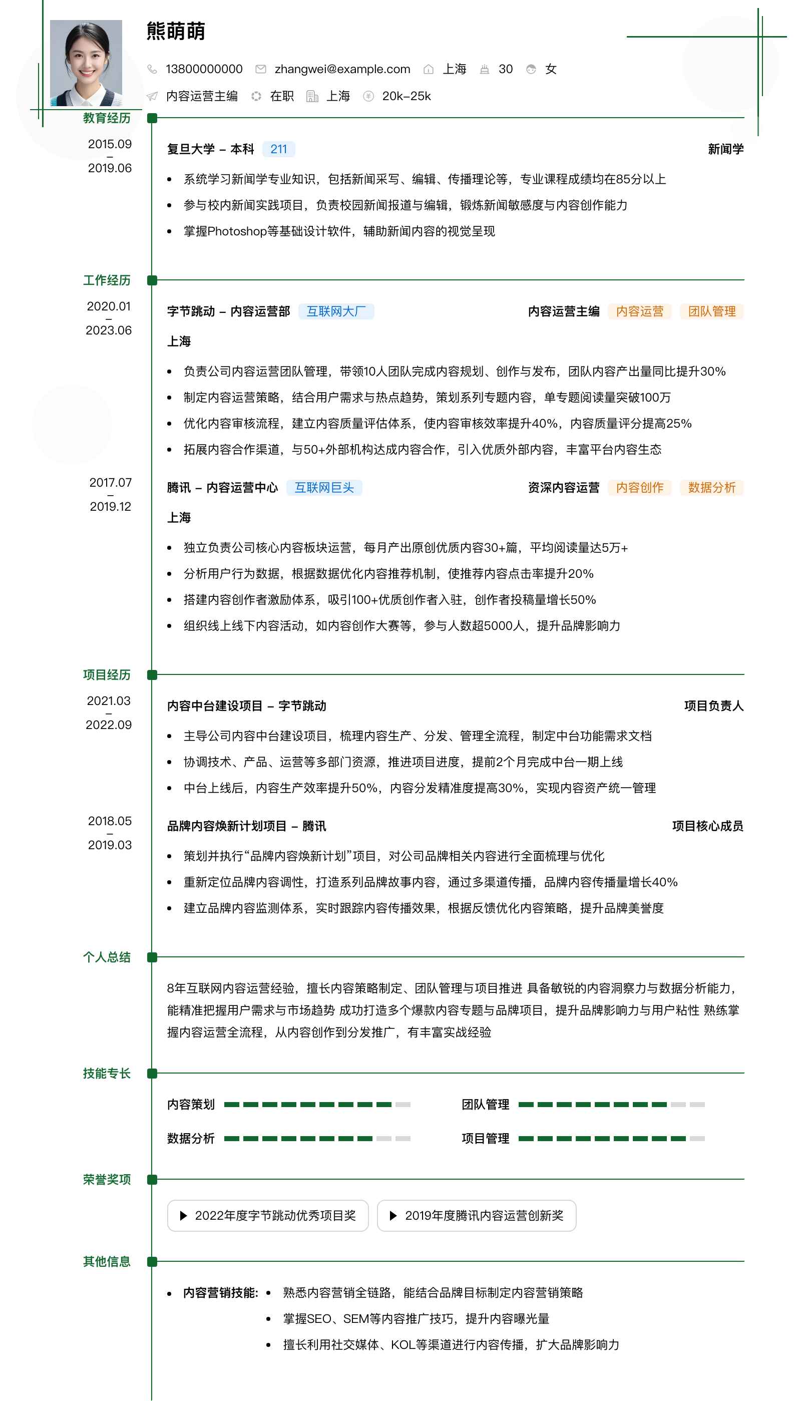内容运营主编简历模板
