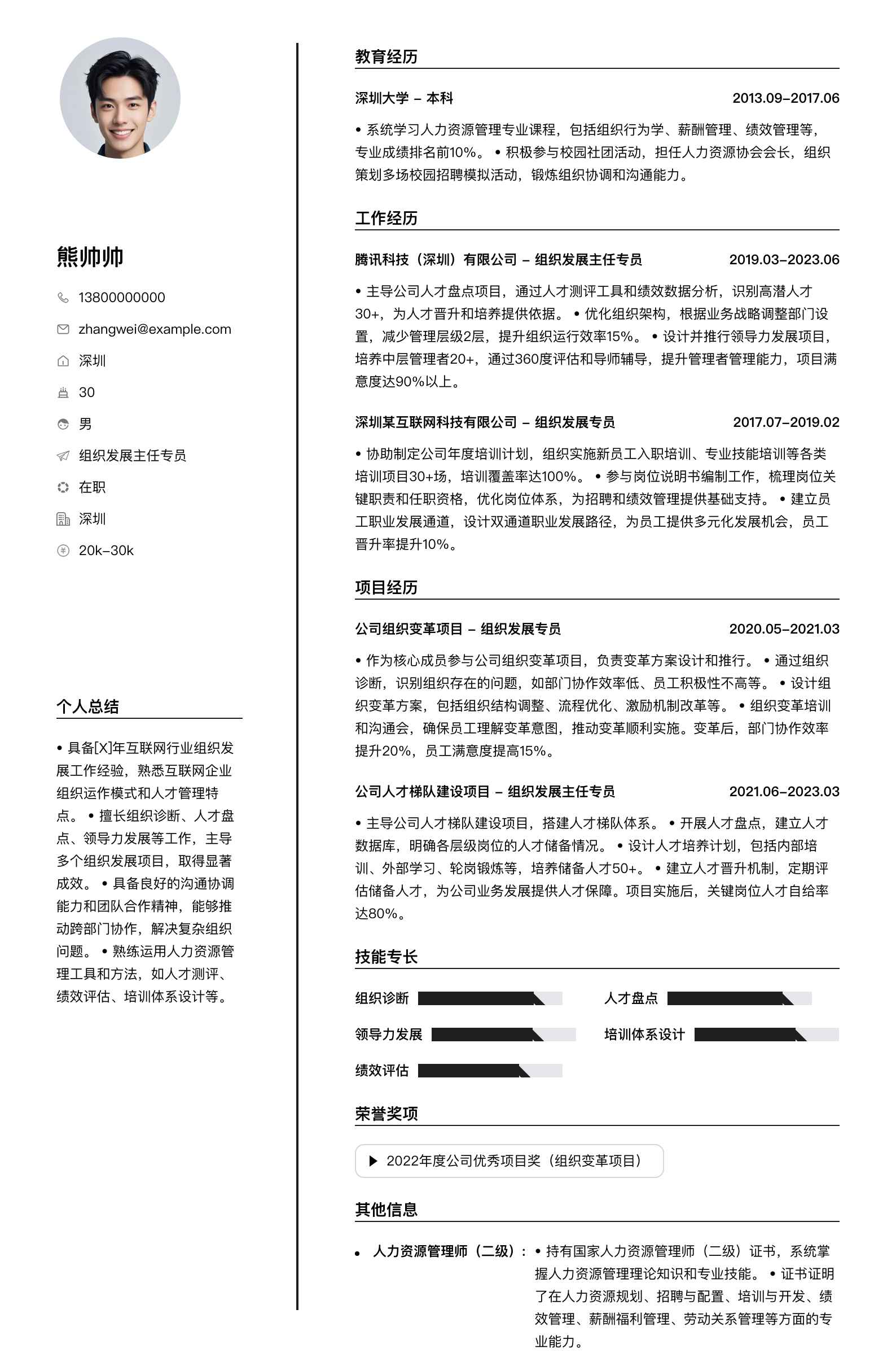 组织发展主任专员简历模板