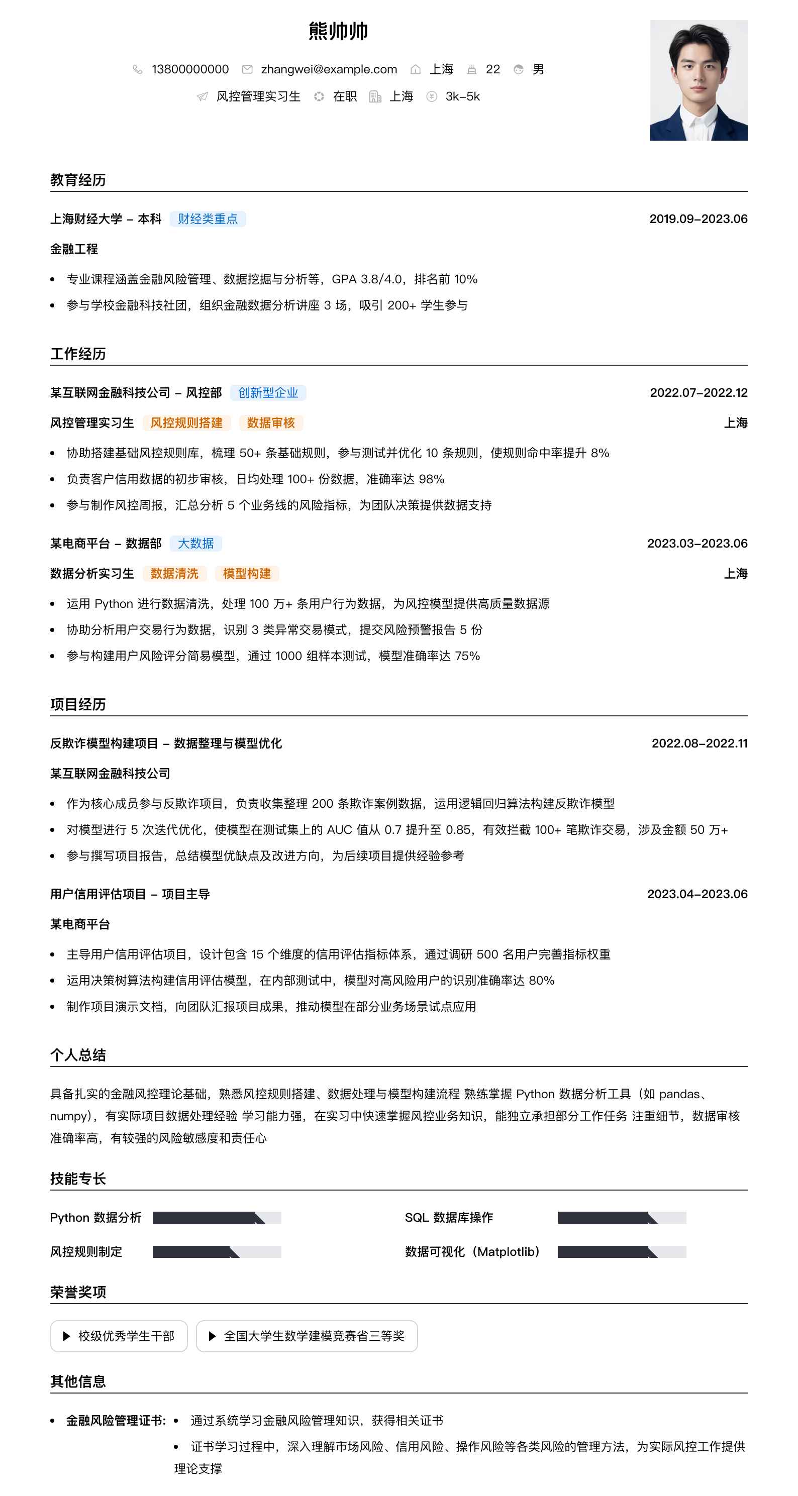 风控管理实习生简历模板