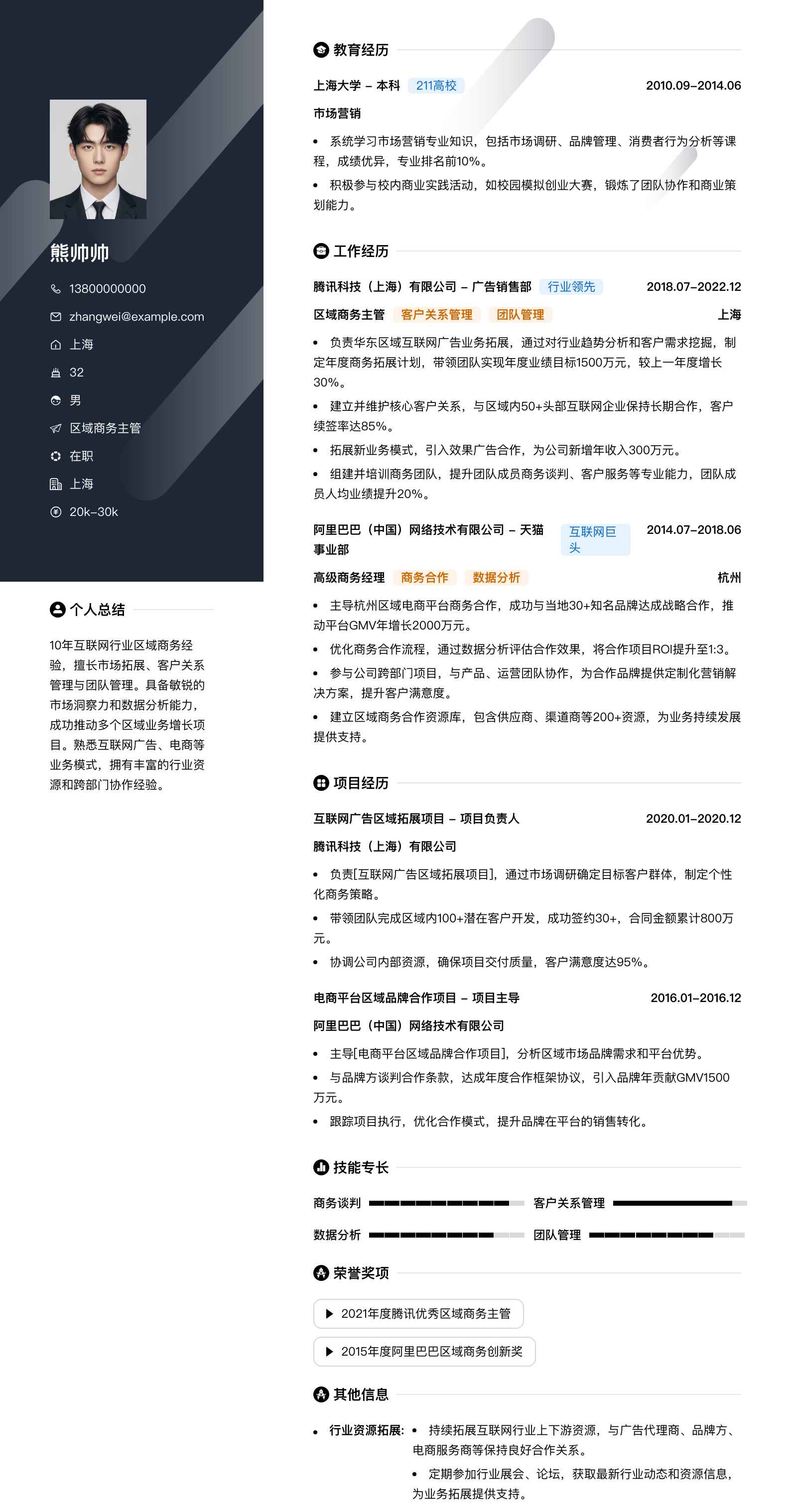 区域商务主管简历模板