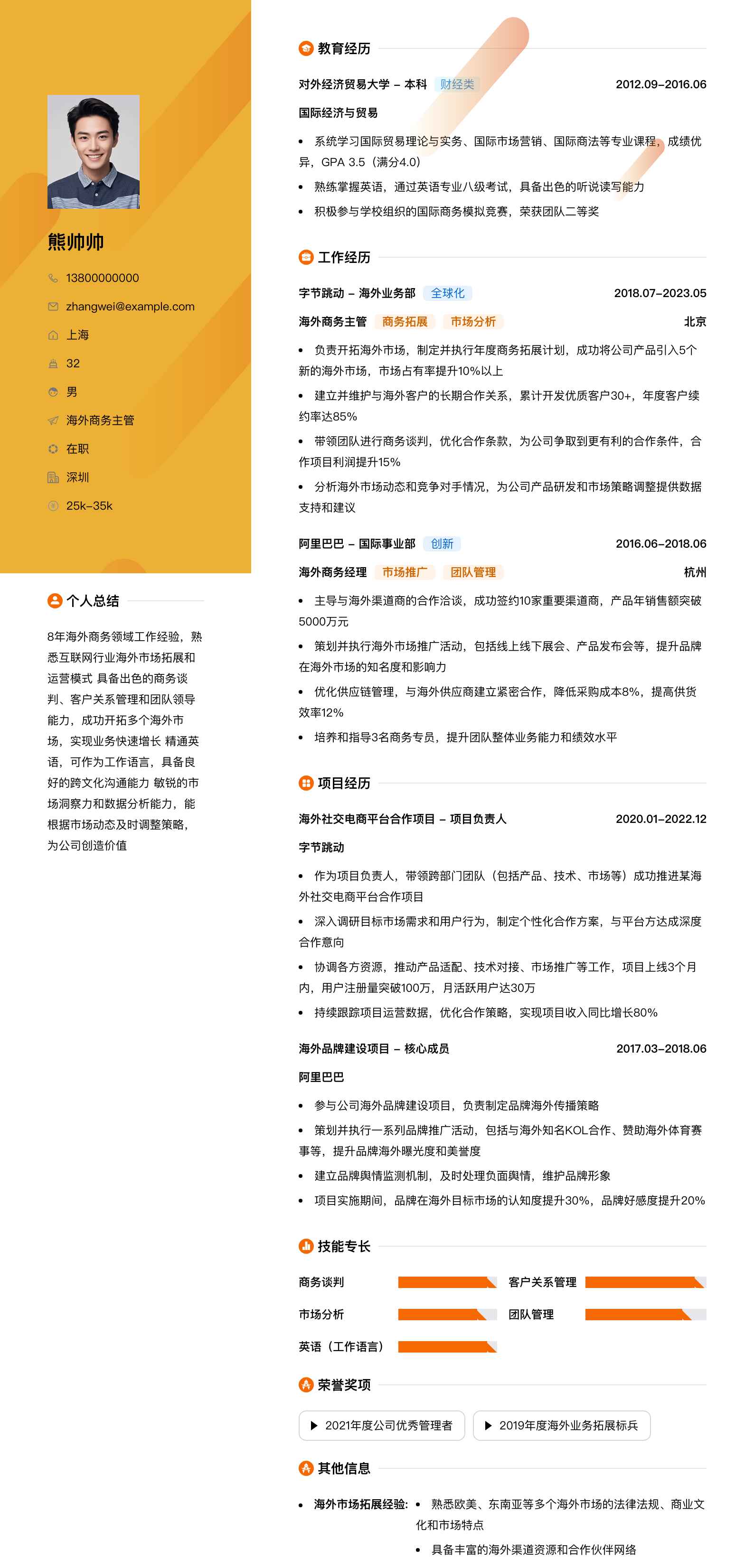 海外商务主管简历模板