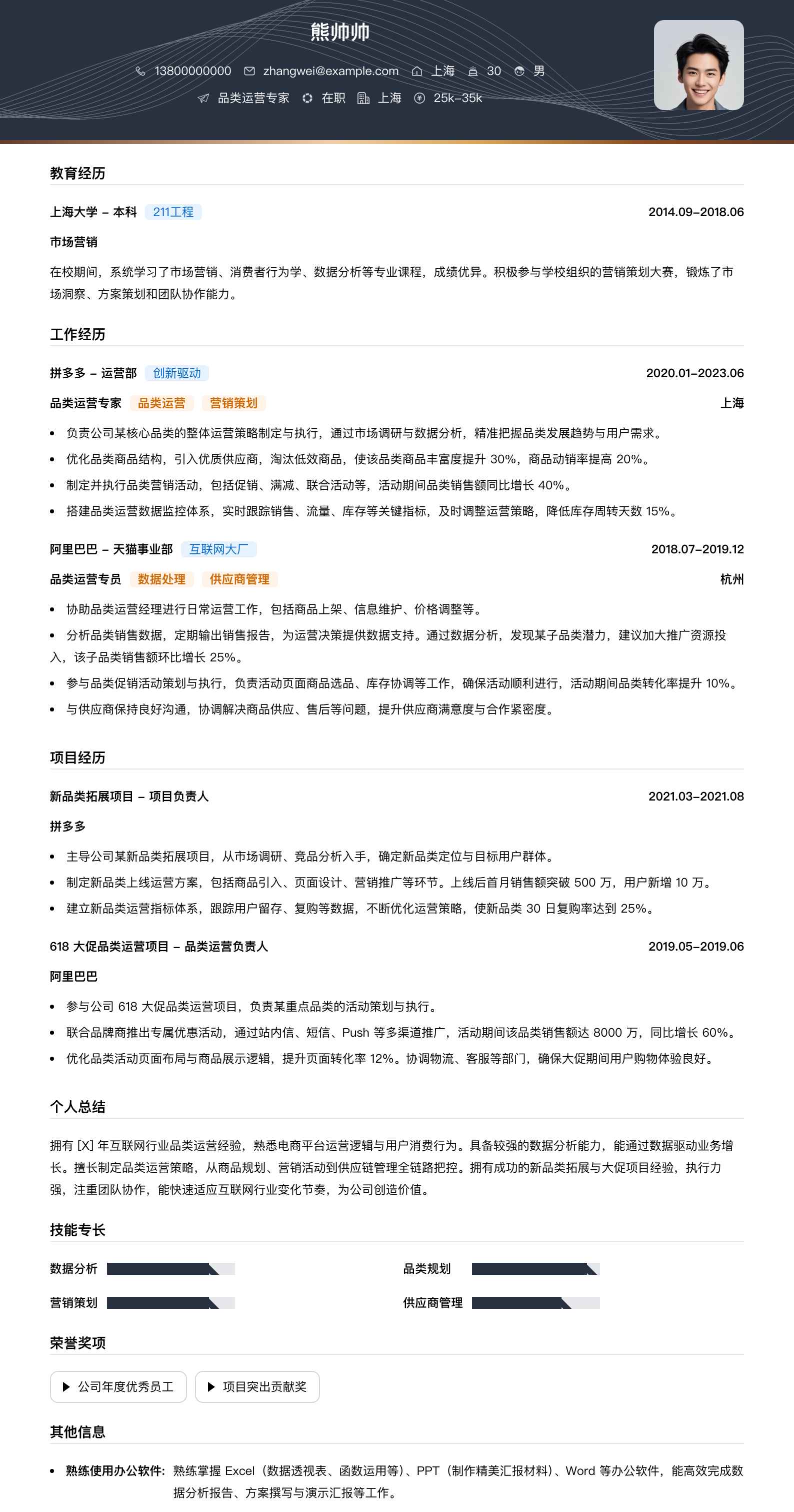 品类运营专家简历模板