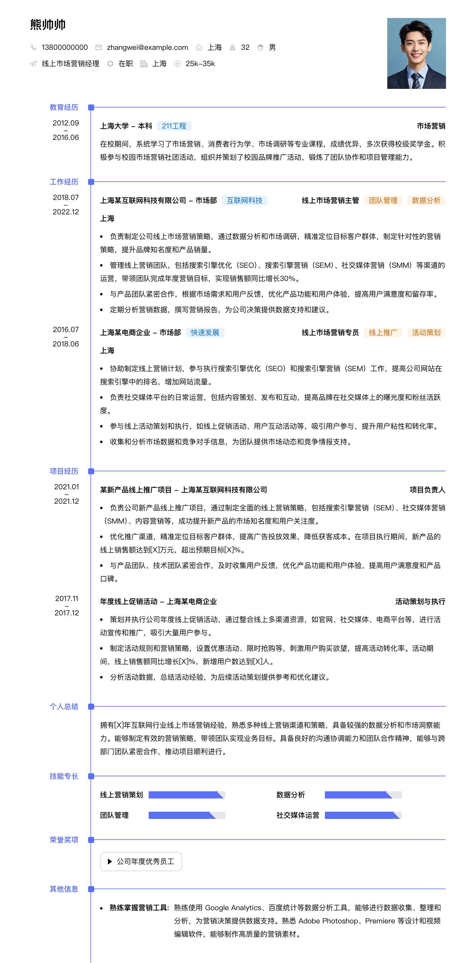 线上市场营销经理简历模板