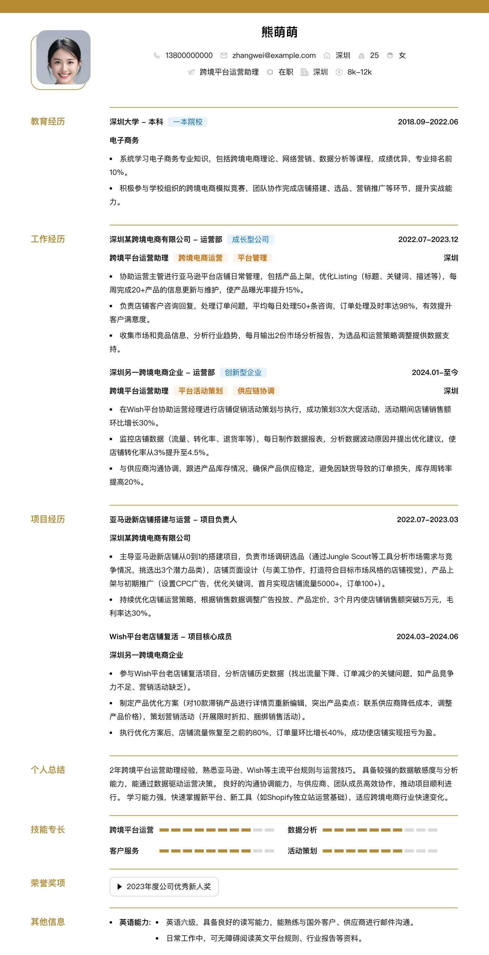 跨境平台运营助理简历模板