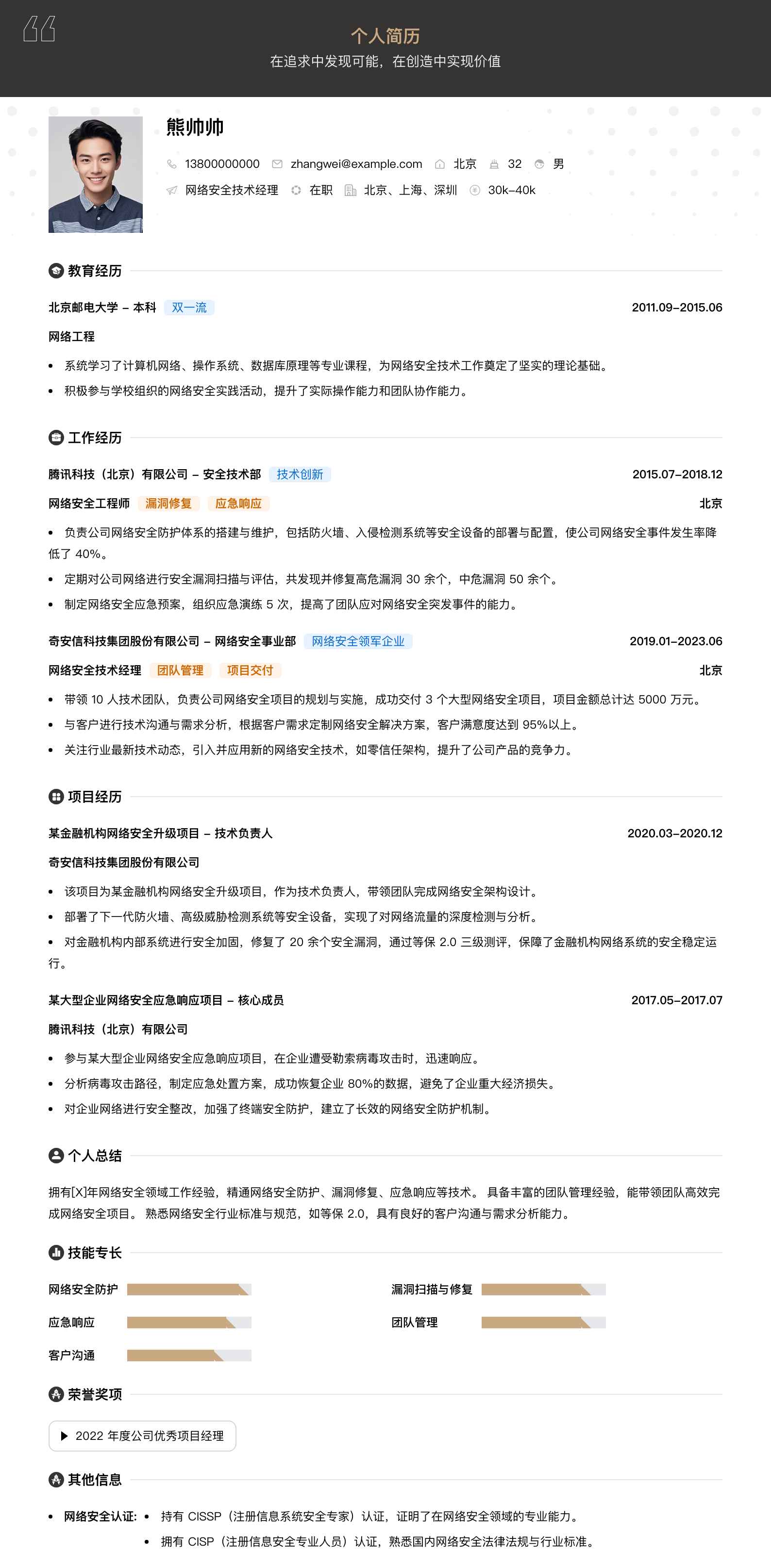 网络安全技术经理简历模板