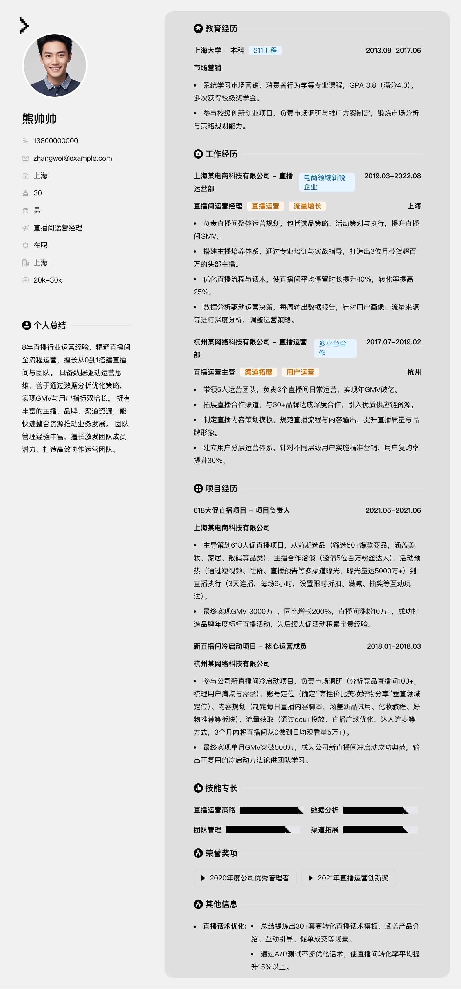 直播间运营经理简历模板