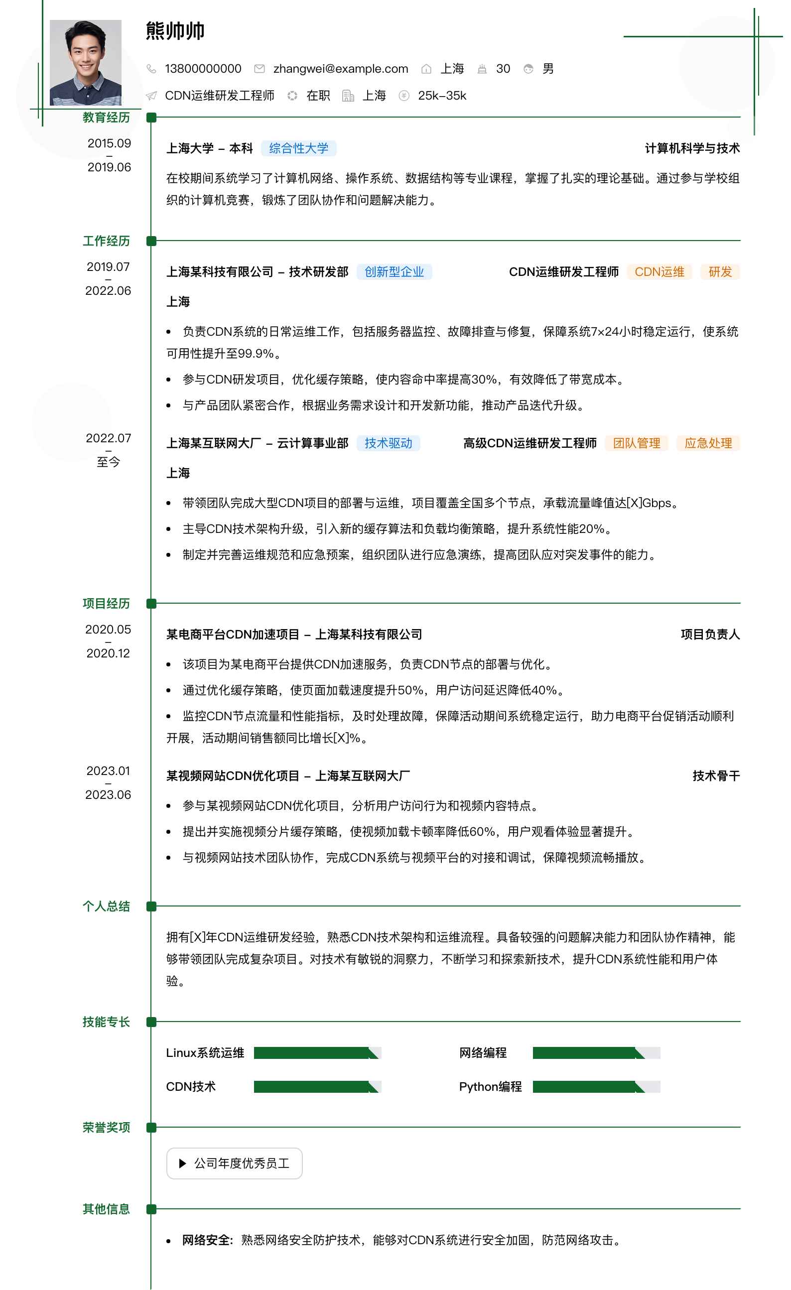 cdn运维研发工程师简历模板