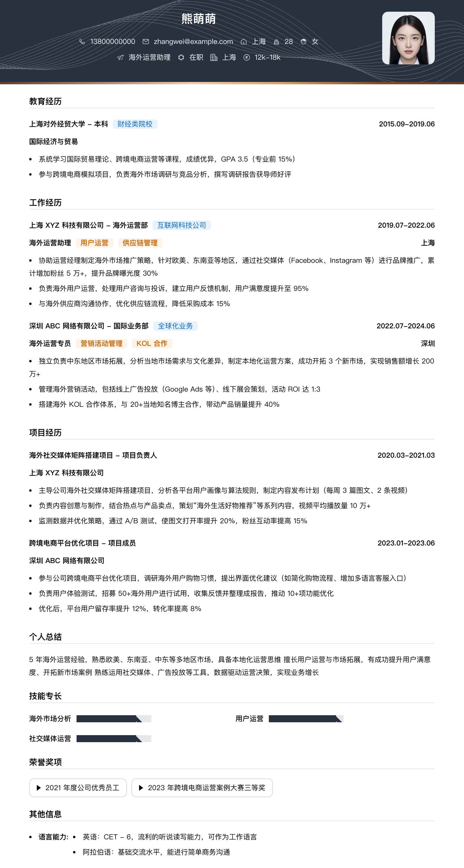 海外运营助理简历模板