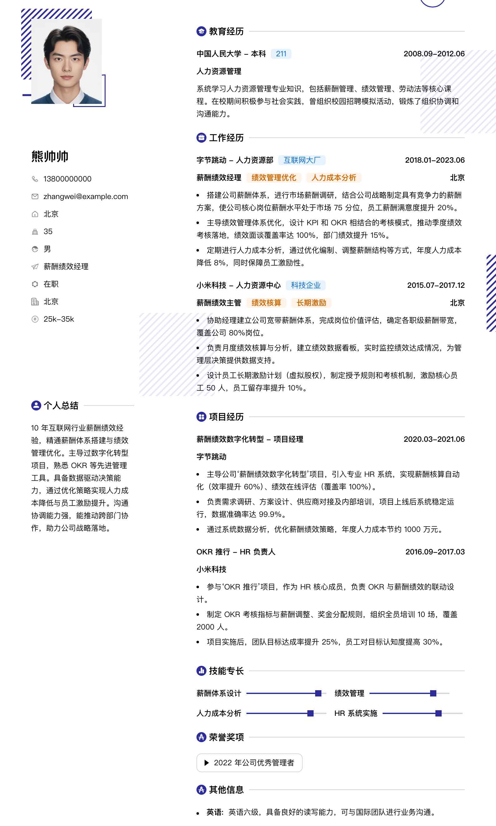 薪酬绩效经理简历模板