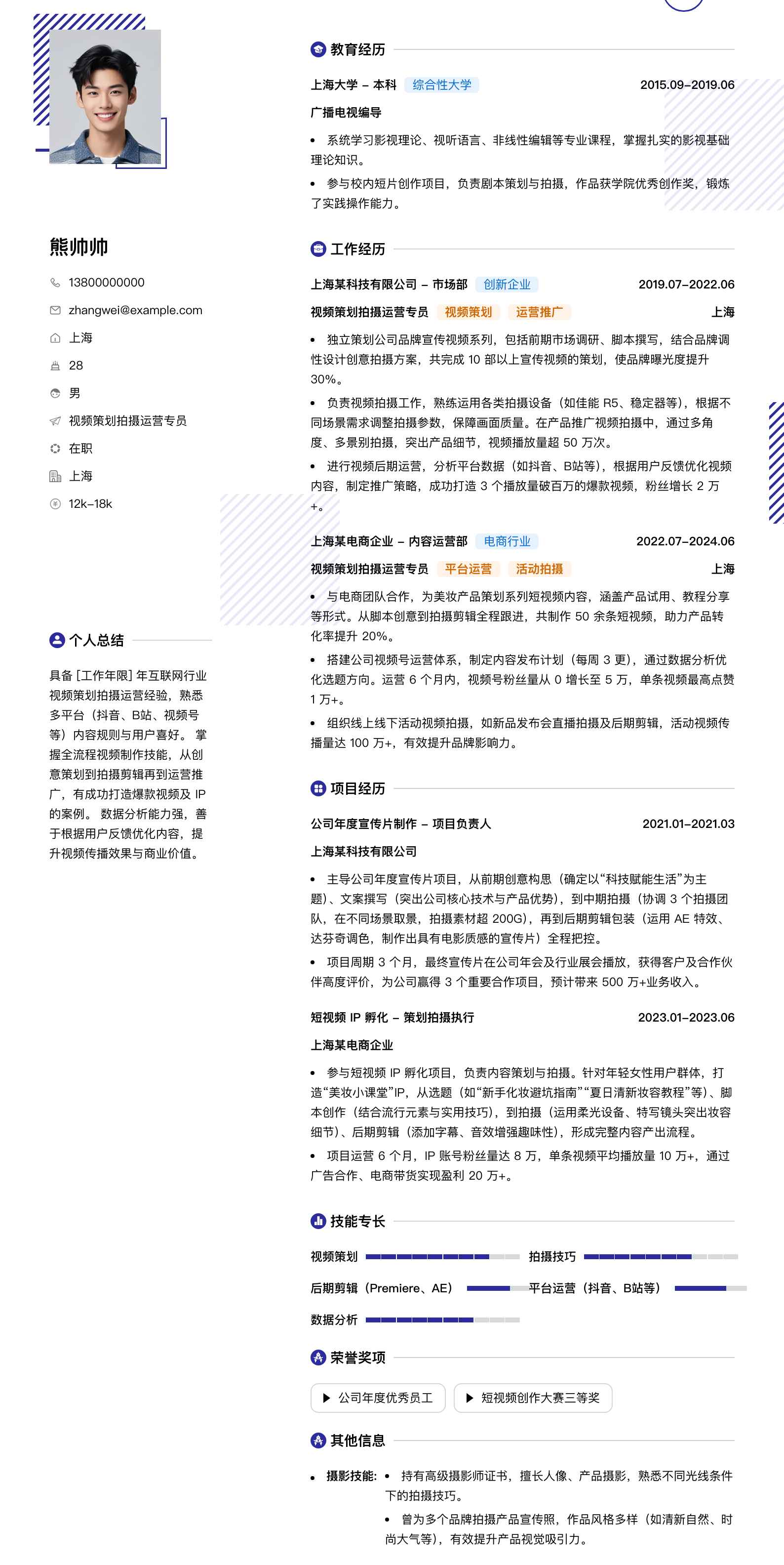 视频策划拍摄运营专员简历模板
