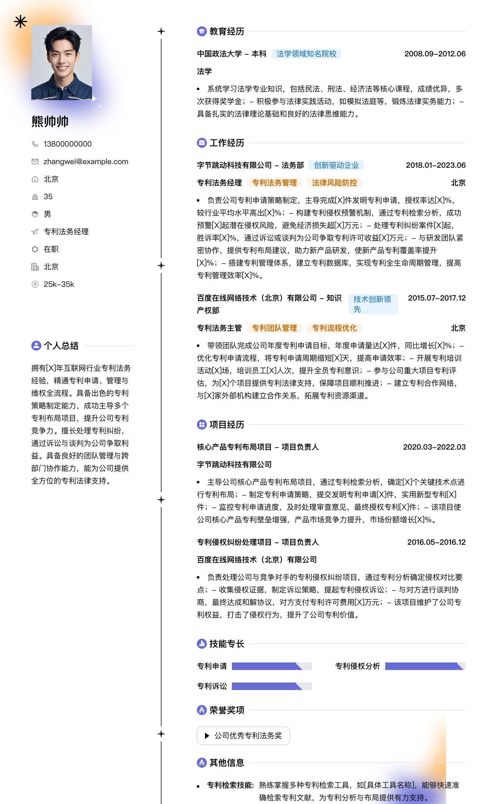 专利法务经理简历模板