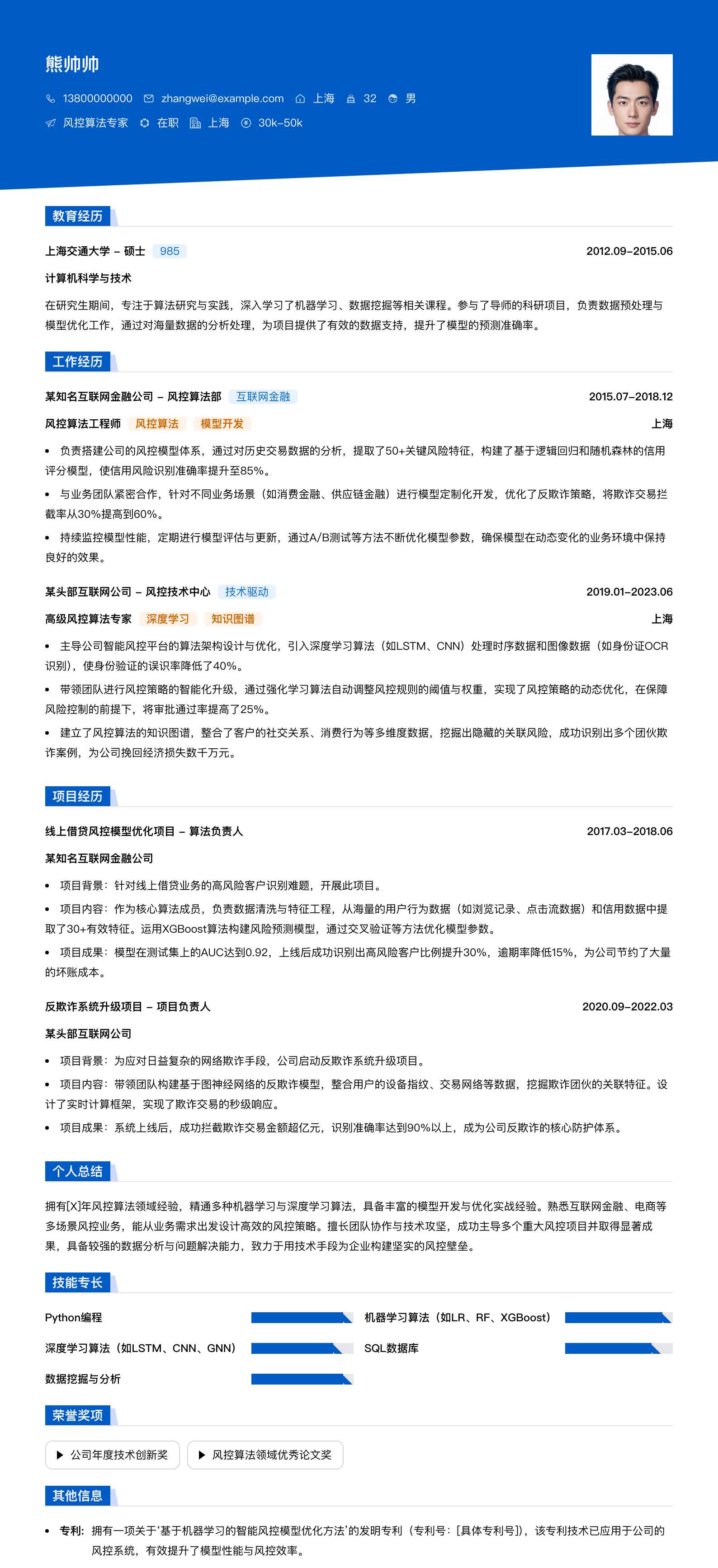 风控算法专家简历模板