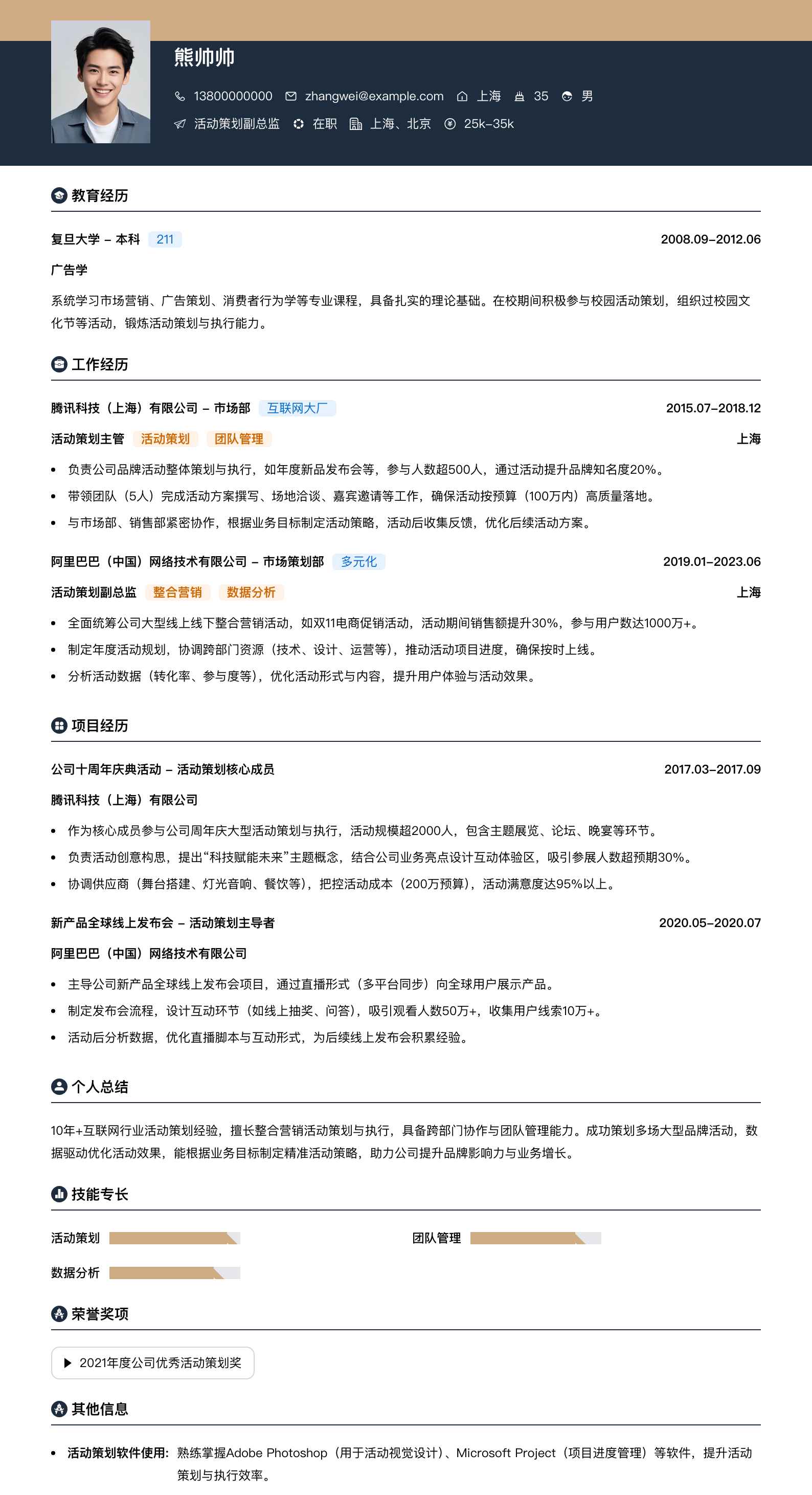 活动策划副总监简历模板