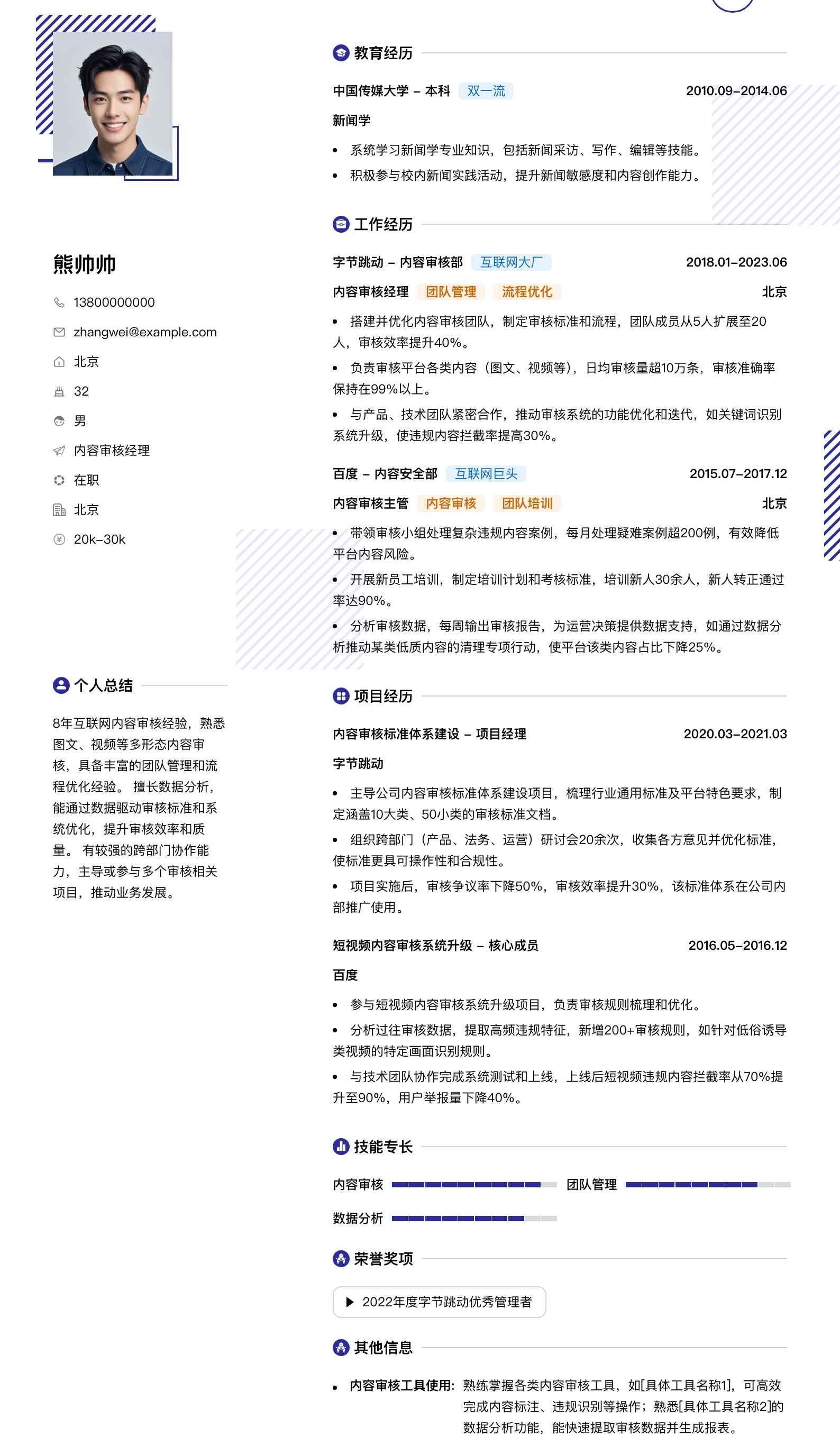 内容审核经理简历模板
