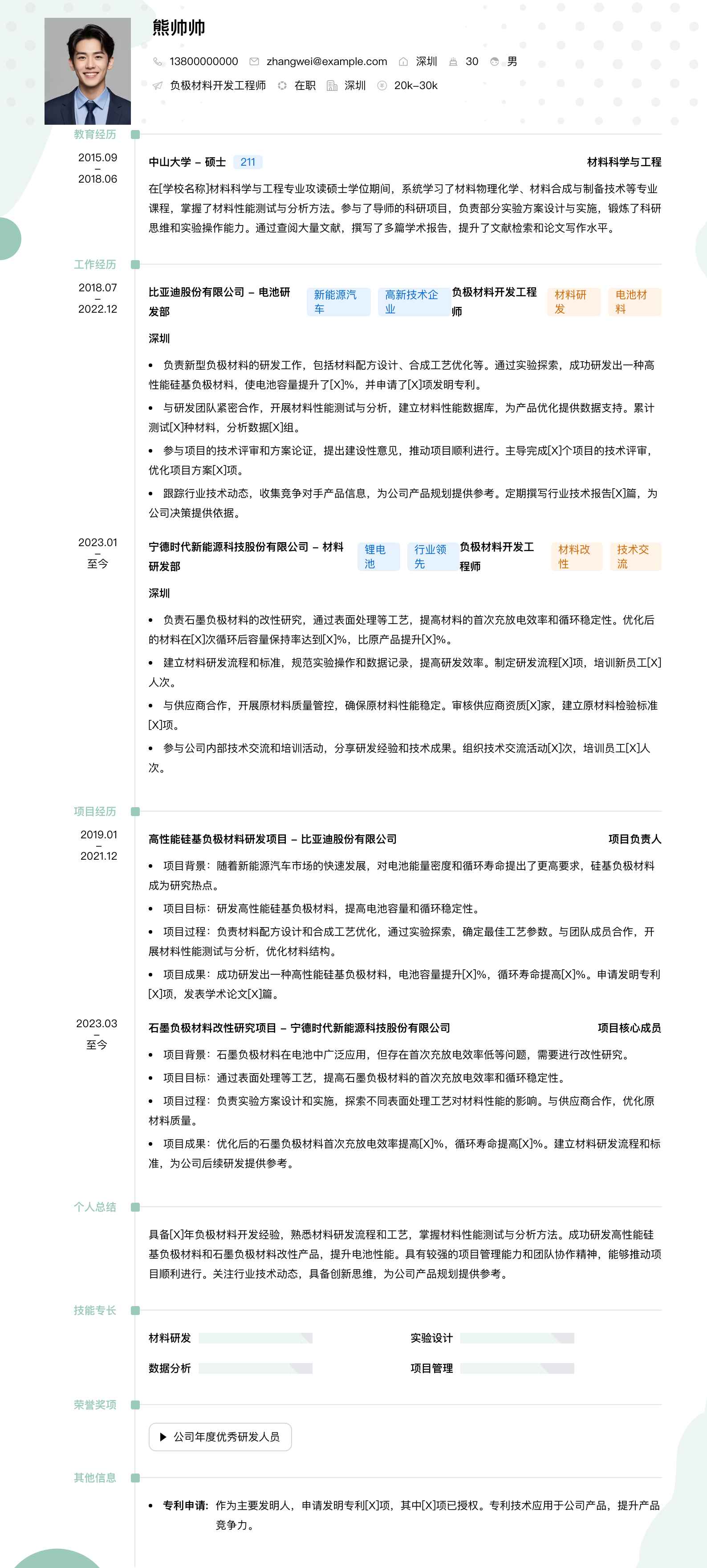 负极材料开发工程师简历模板