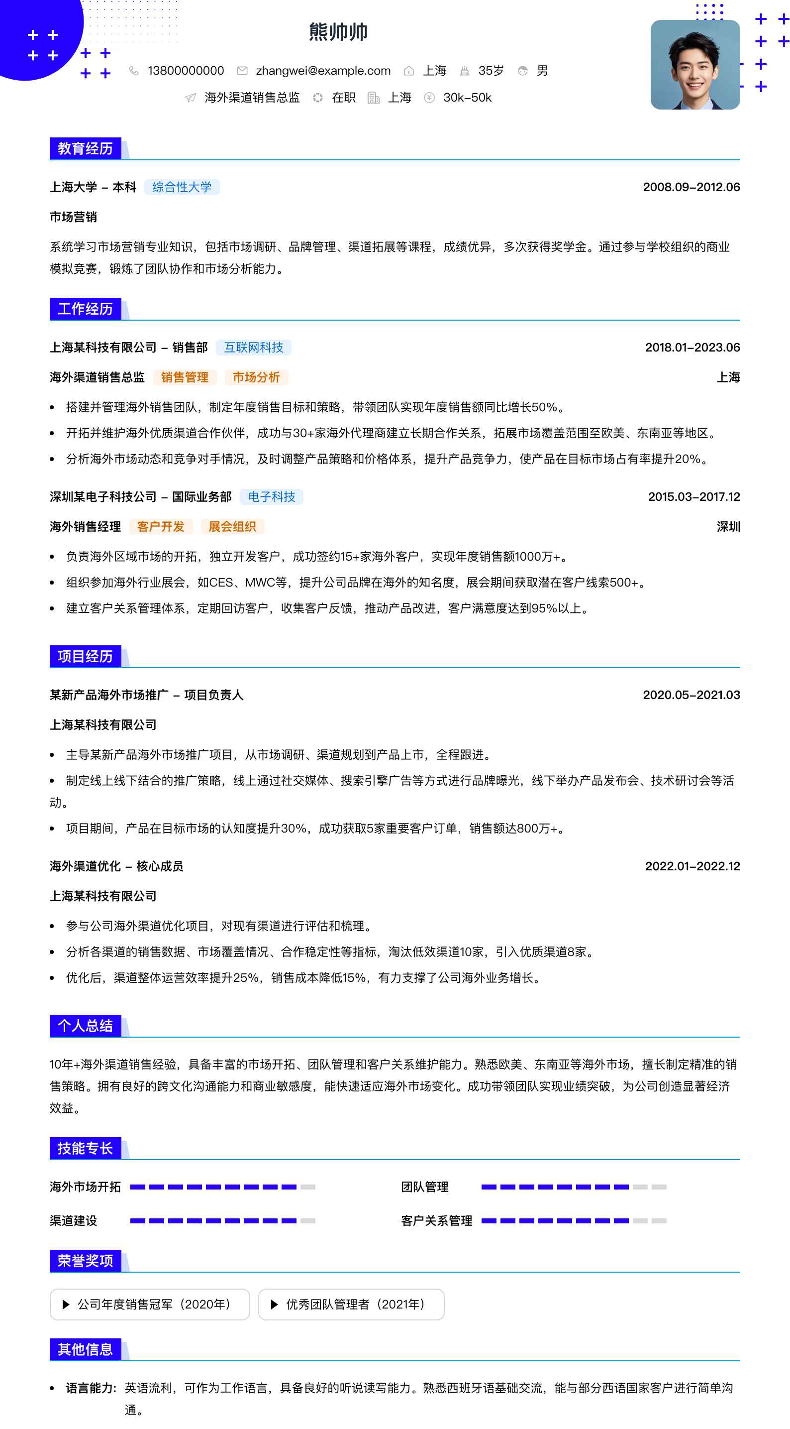 海外渠道销售总监简历模板