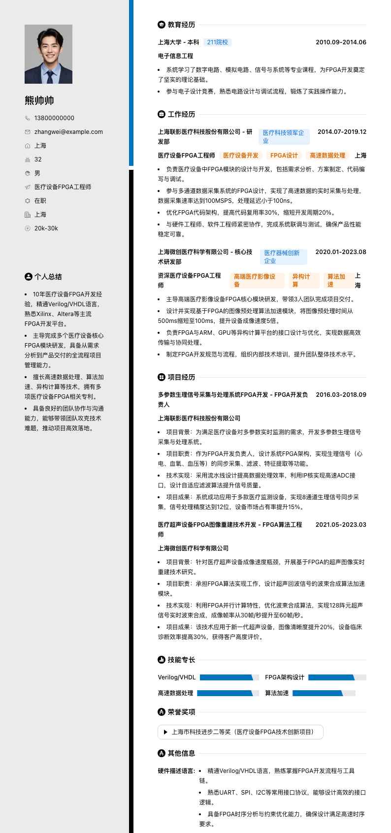 医疗设备FPGA工程师简历模板
