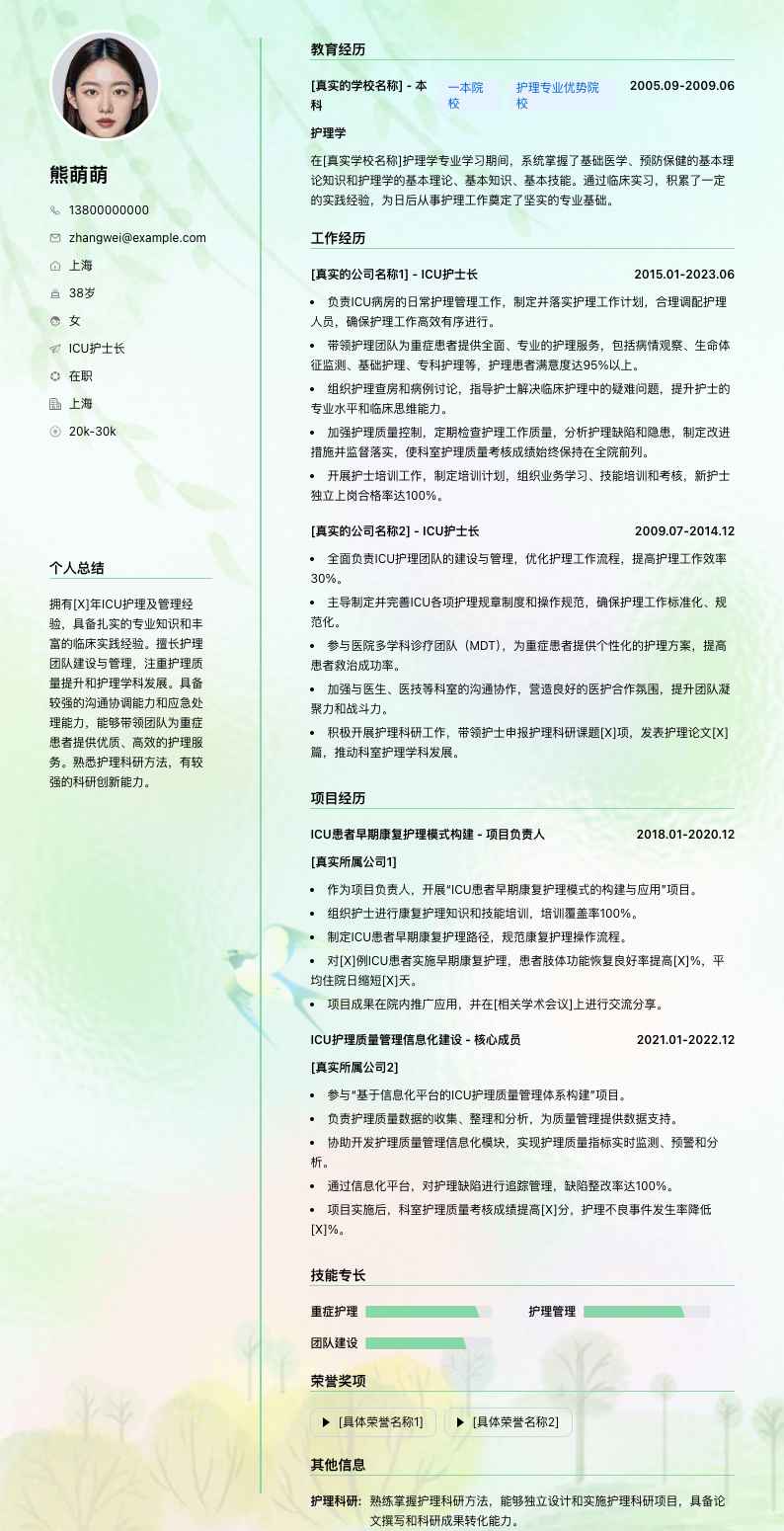 ICU护士长简历模板