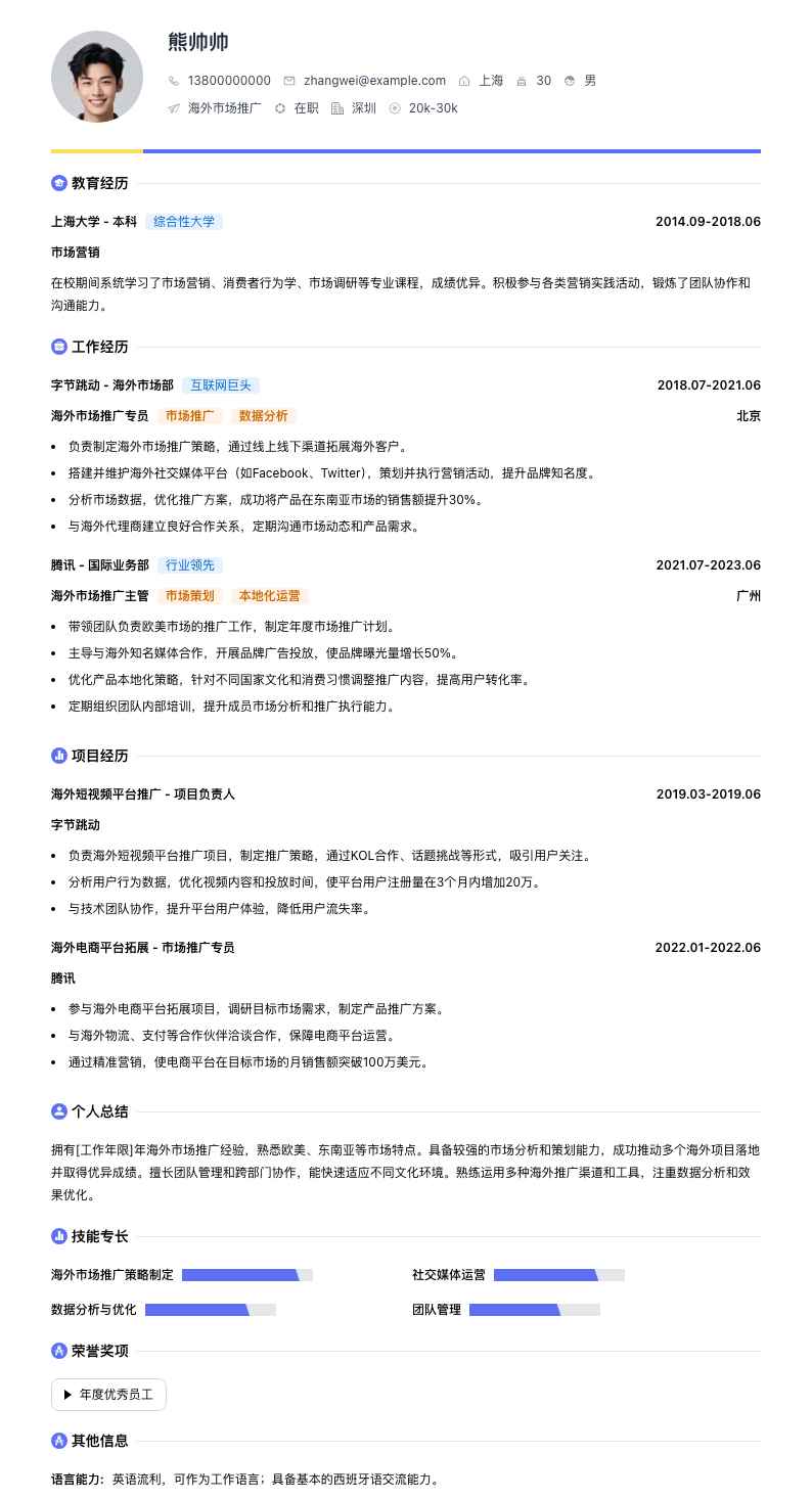 海外市场推广简历模板