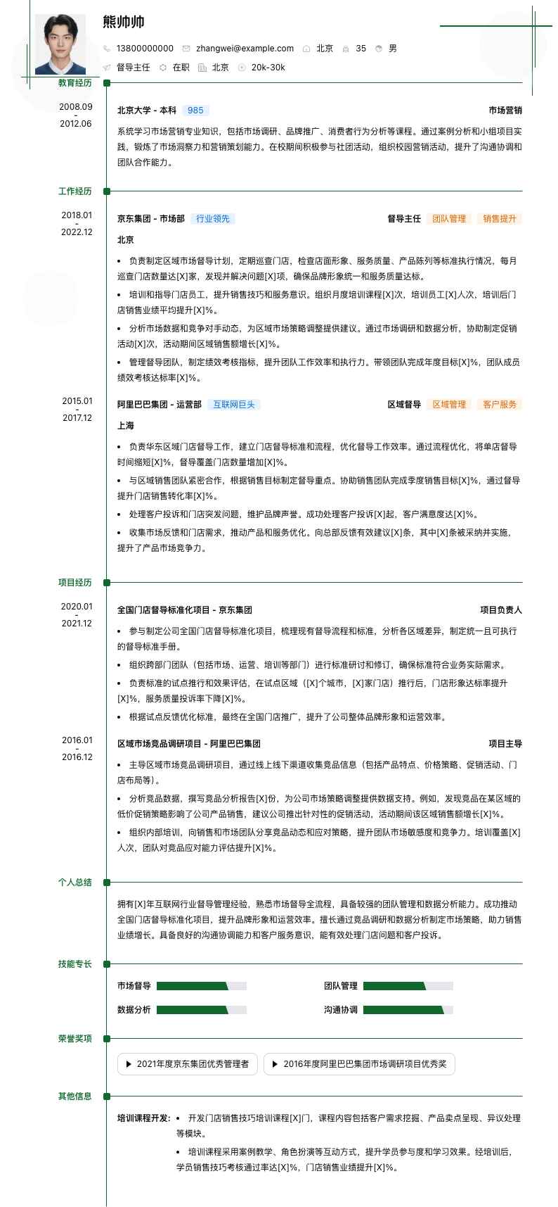 督导主任简历模板