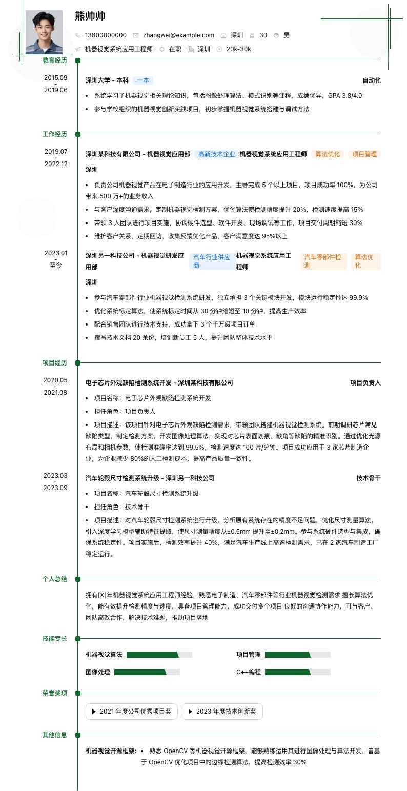 机器视觉系统应用工程师简历模板