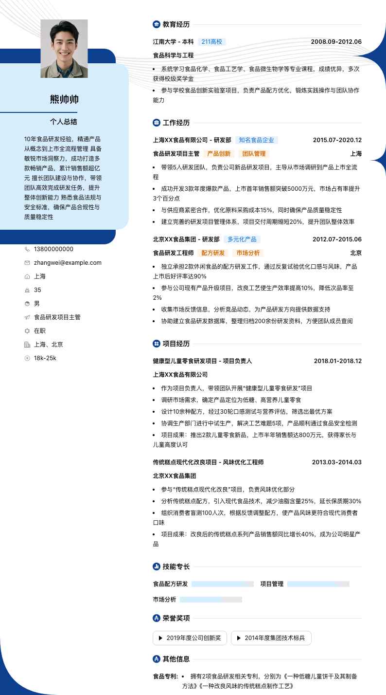 食品研发项目主管简历模板