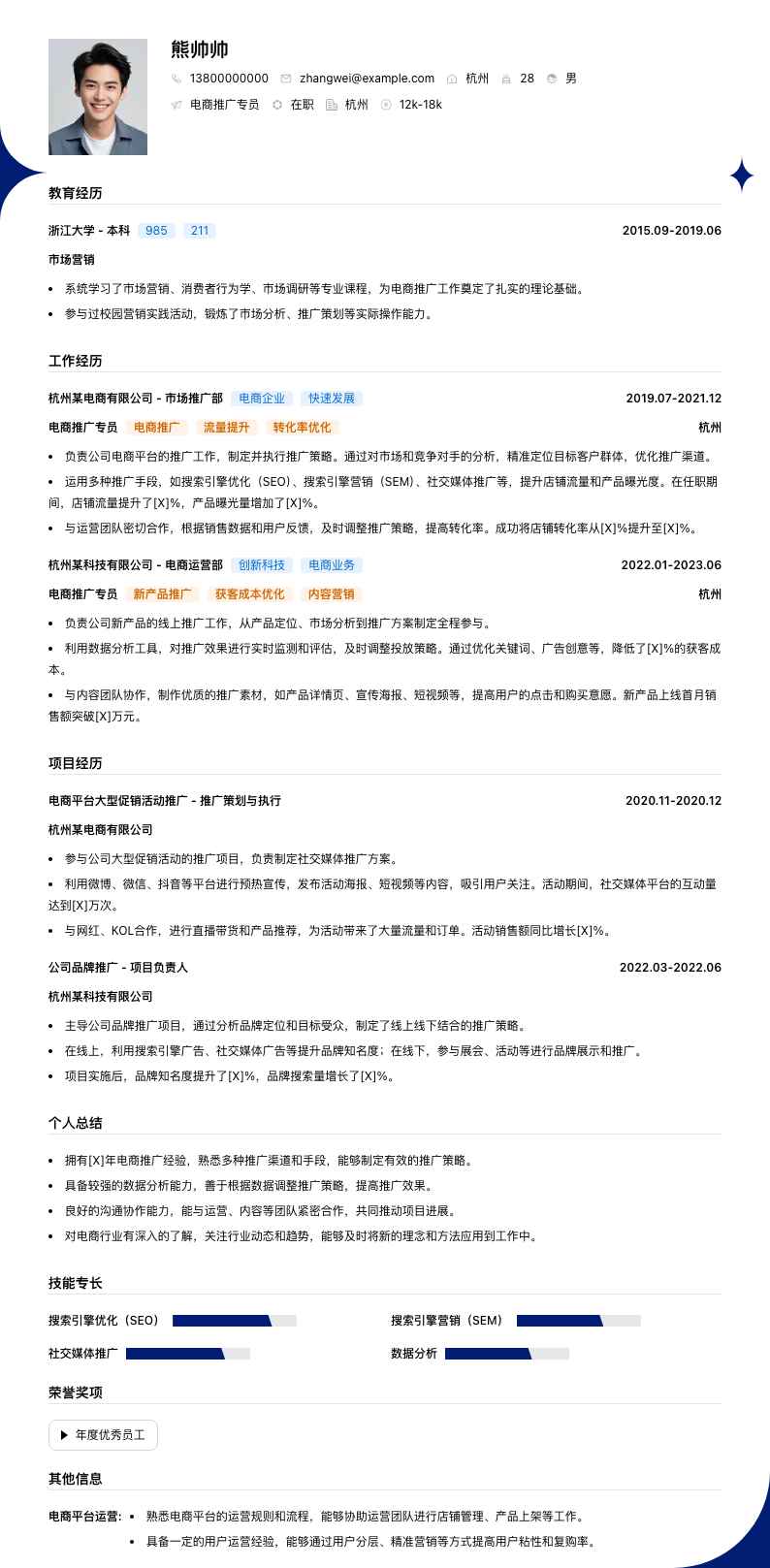 电商推广专员简历模板