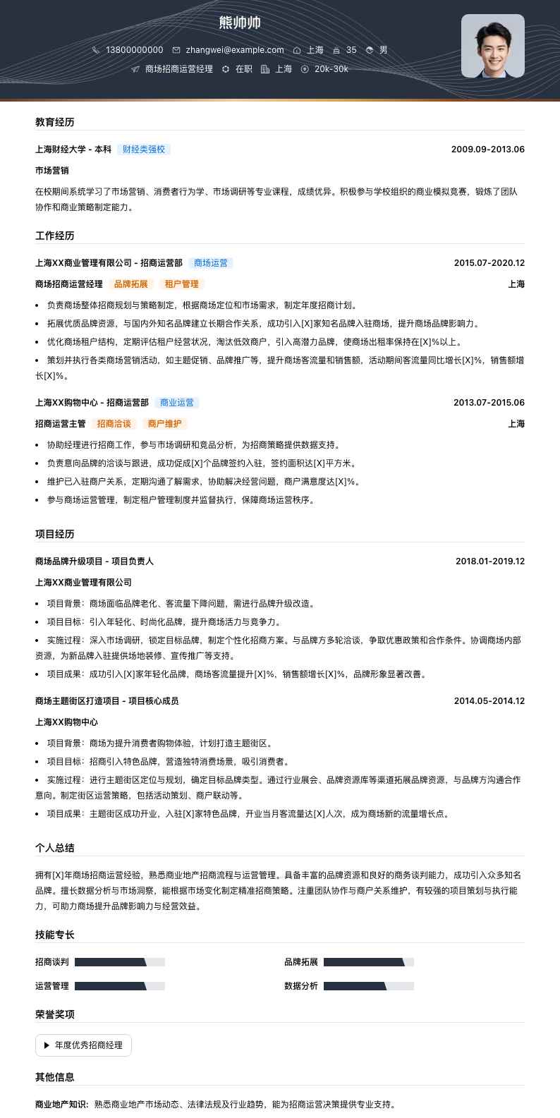 商场招商运营经理简历模板