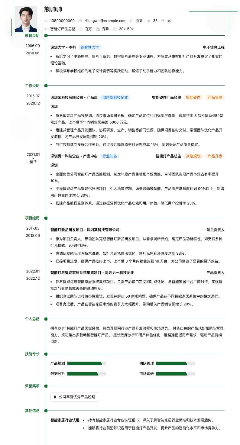 智能灯产品总监简历模板