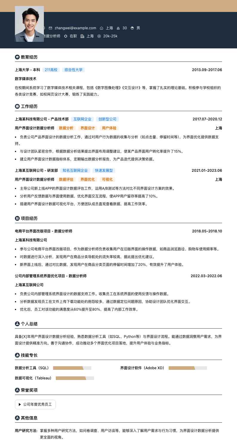 用户界面设计数据分析师简历模板