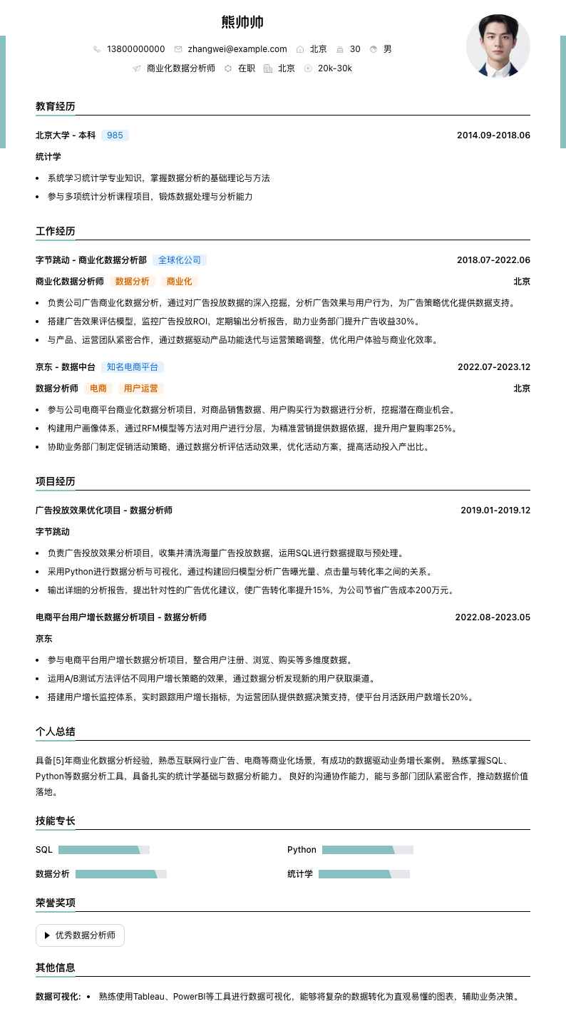 商业化数据分析师简历模板