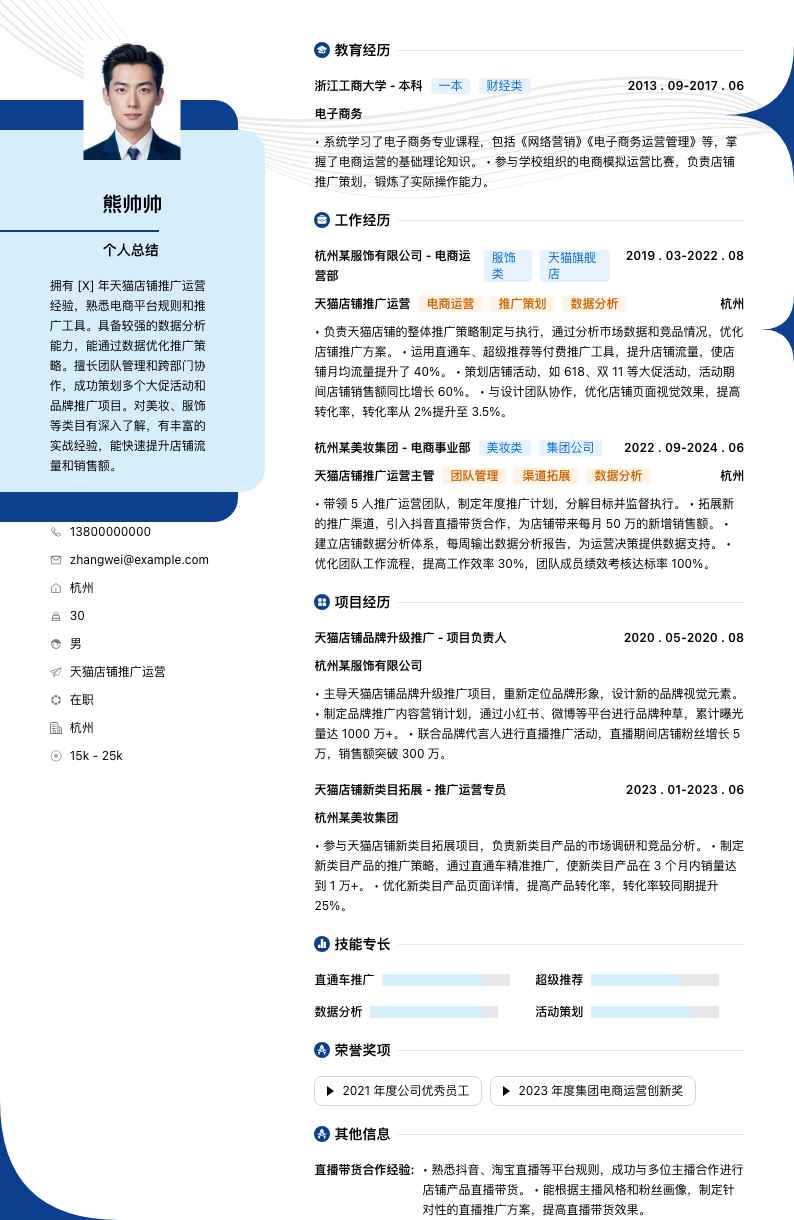 天猫店铺推广运营简历模板