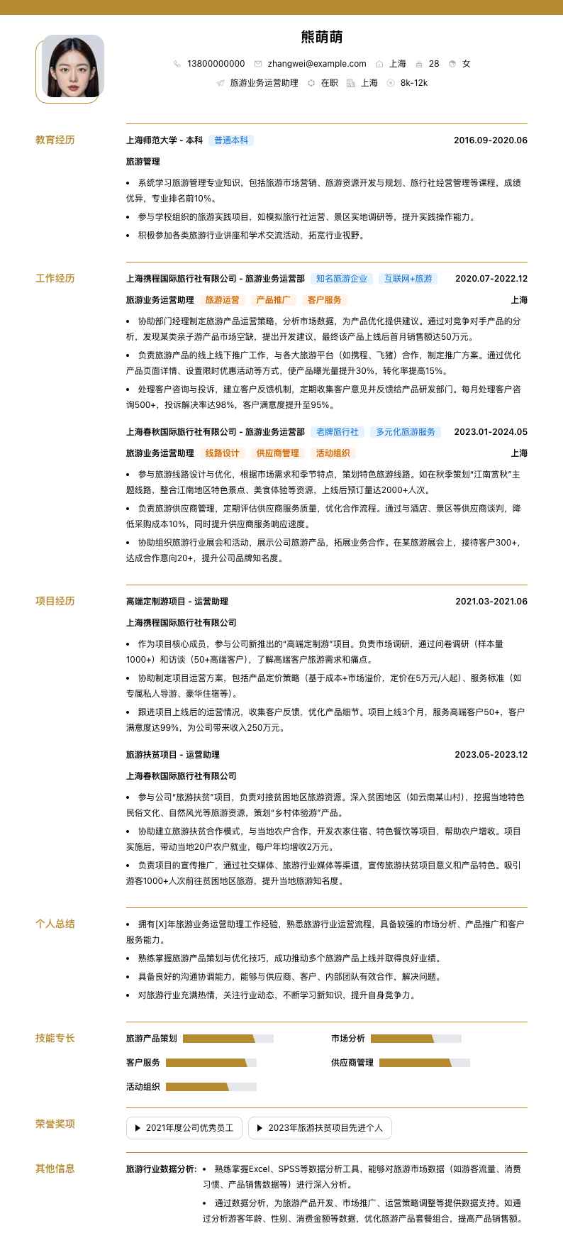 旅游业务运营助理简历模板