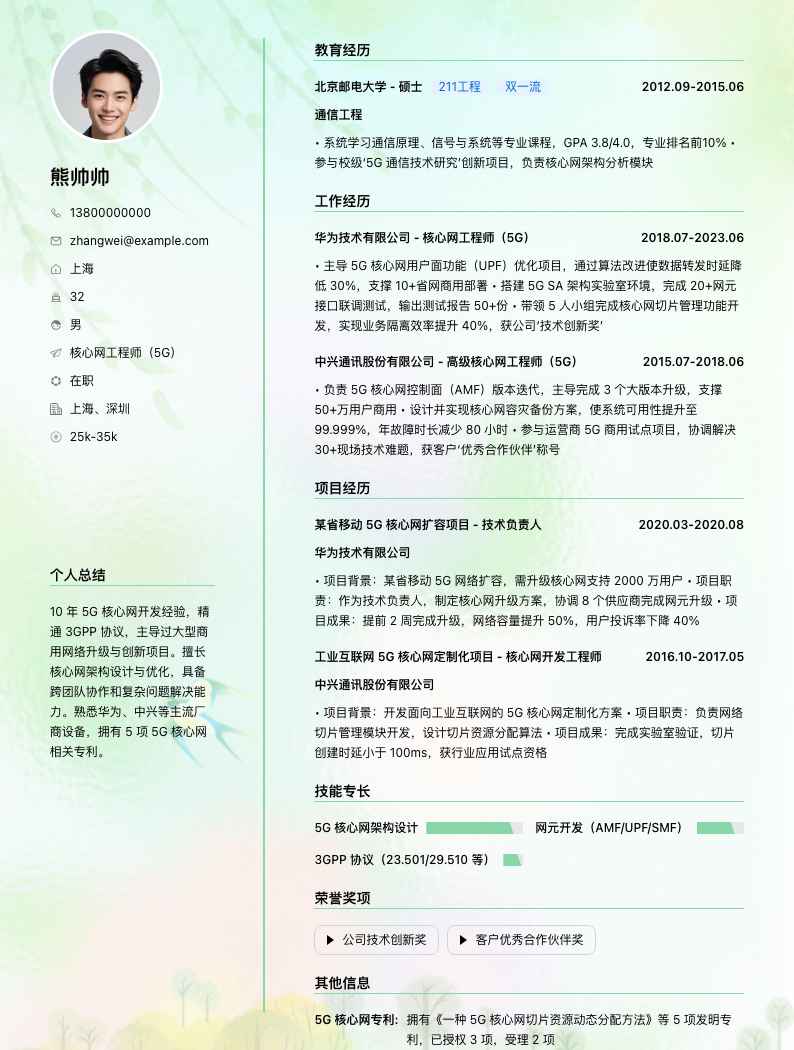 核心网工程师（5G）简历模板