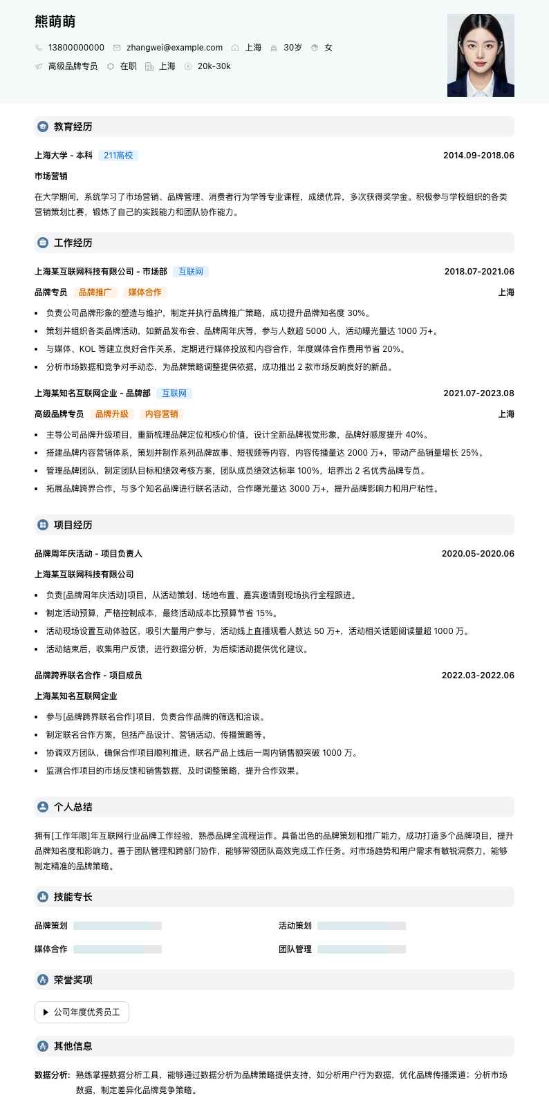 高级品牌专员简历模板