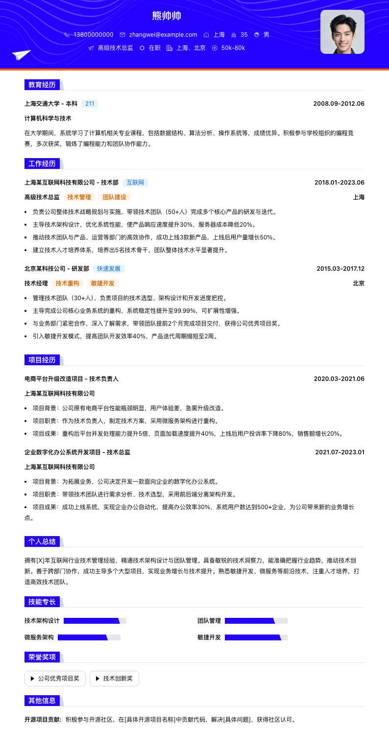 高级技术总监简历模板