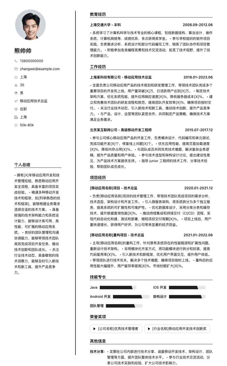 移动应用技术总监简历模板