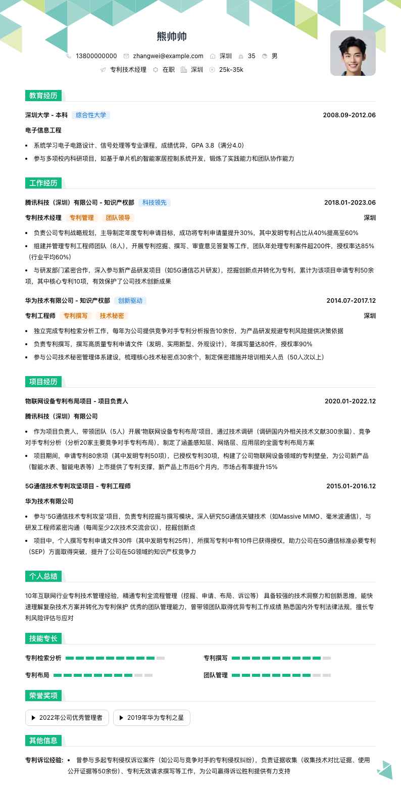 专利技术经理简历模板